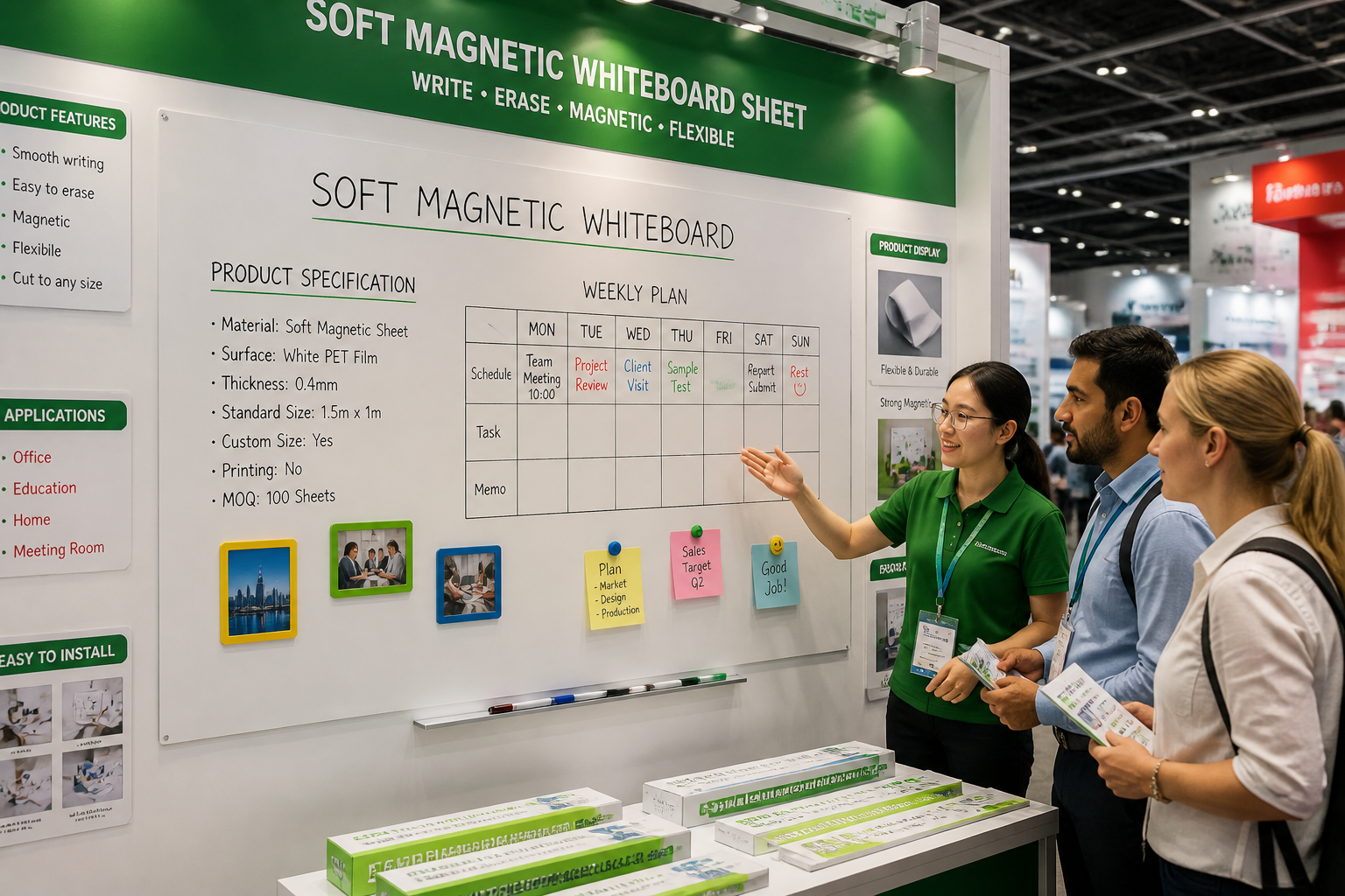 Custom-printed magnetic whiteboard rolls — roll up, fly anywhere, unroll and exhibit