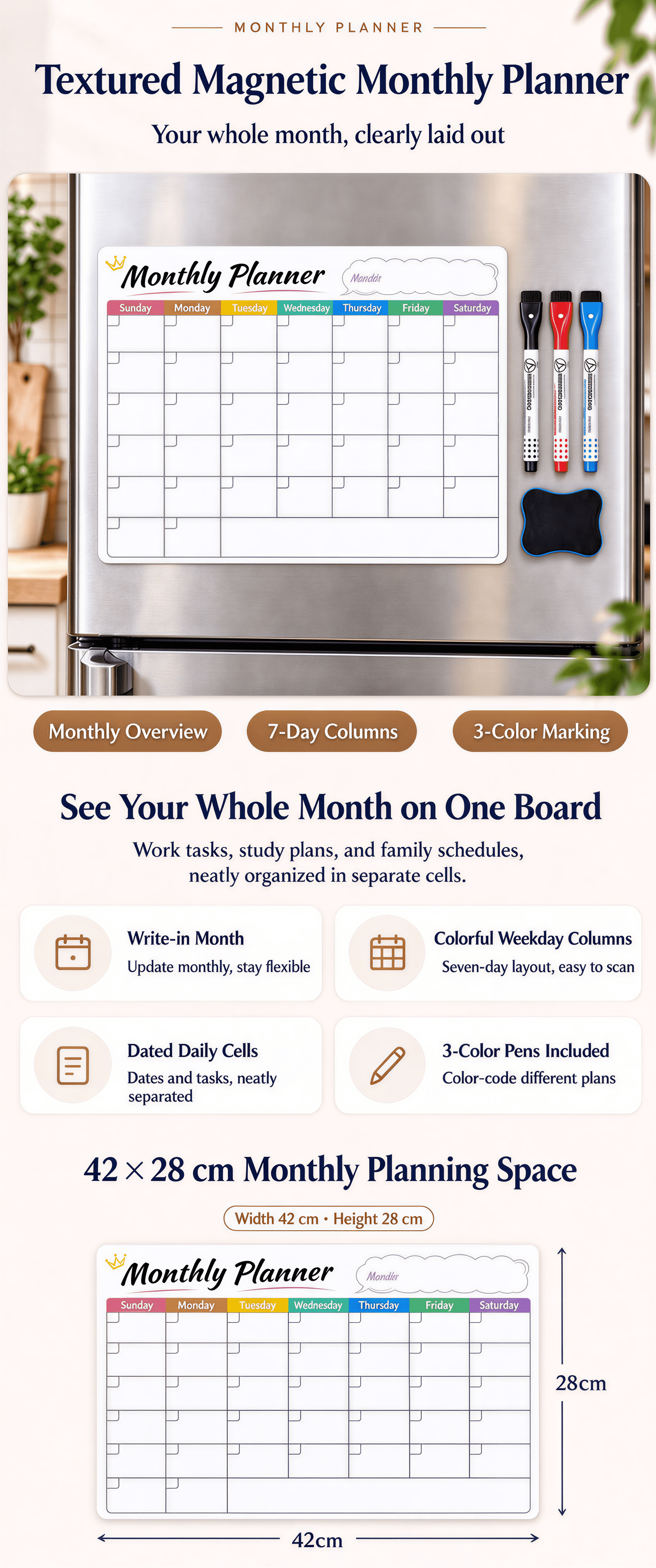 Textured Magnetic Monthly Planner Dry Erase Calendar Wall Sticker 42x28cm Reusable Whiteboard Planner Board