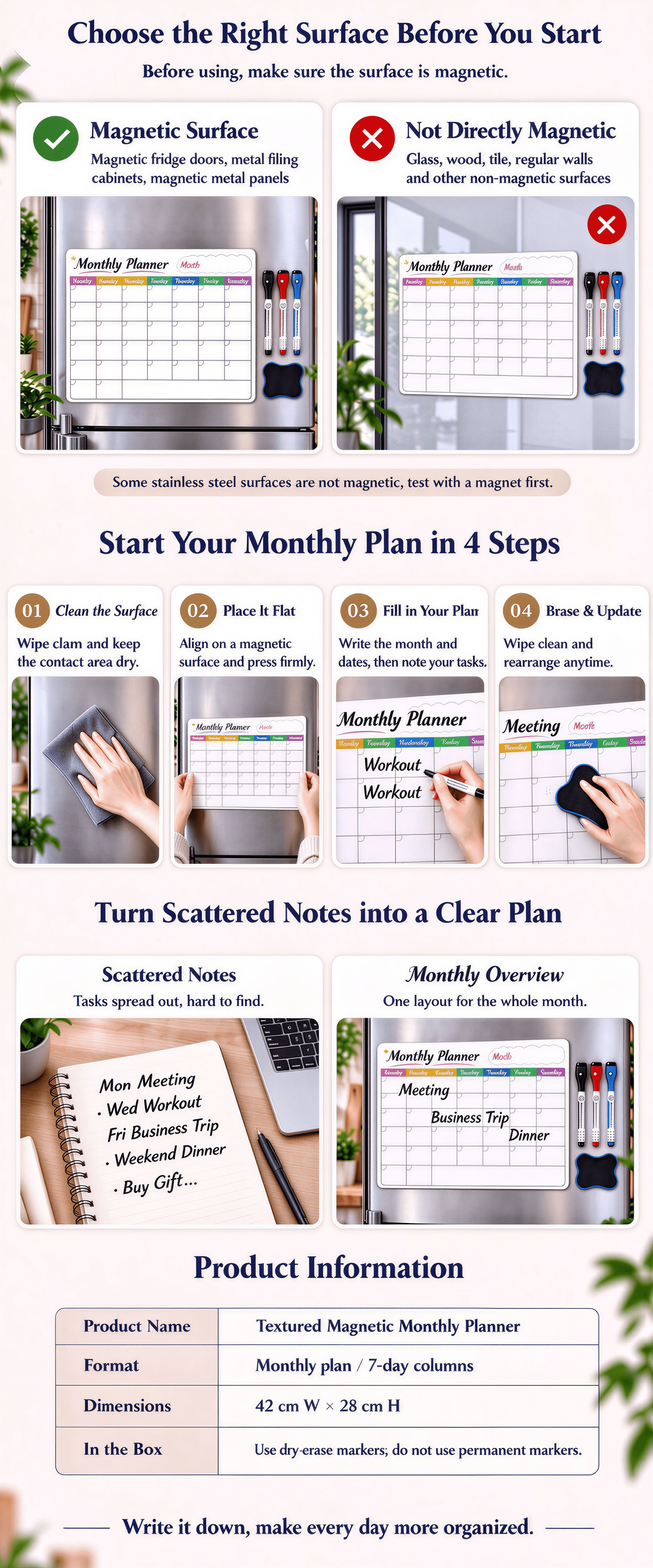 Textured Magnetic Monthly Planner Dry Erase Calendar Wall Sticker 42x28cm Reusable Whiteboard Planner Board