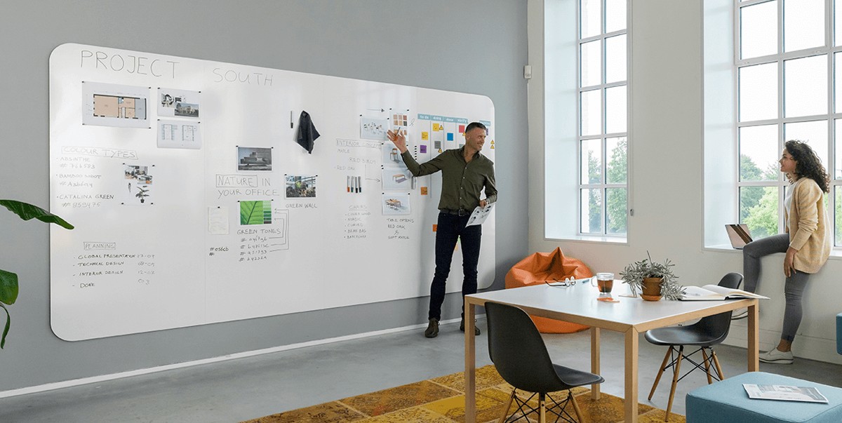Agile sprint walls — magnetic whiteboard sheets hold task cards and dry-erase notes side by side