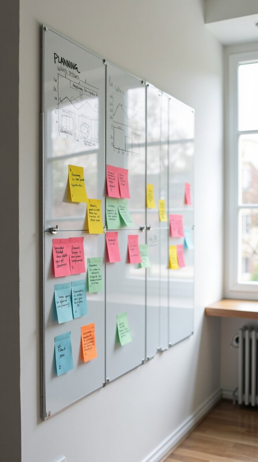 Full-wall home office whiteboard — mind maps, timelines, and notes always in view