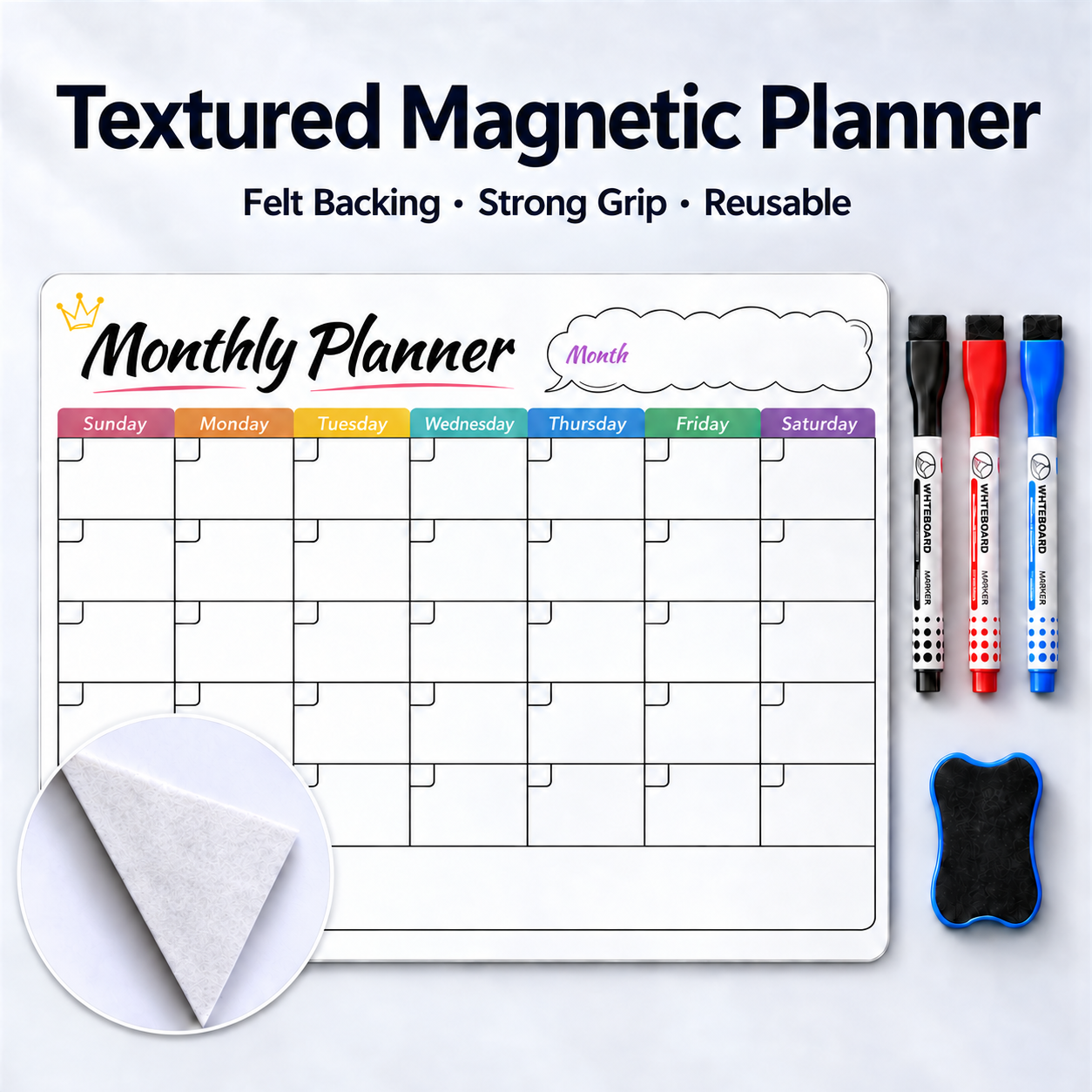 Textured Magnetic Monthly Planner Dry Erase Calendar Wall Sticker 42x28cm Reusable Whiteboard Planner Board
