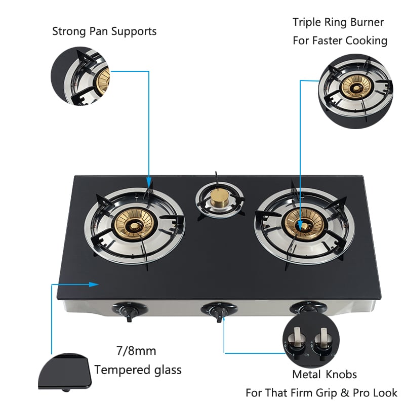 2024 new design tempered glass table gas hob 3 burner cooker 2 double burner 3 burner stove manufacture