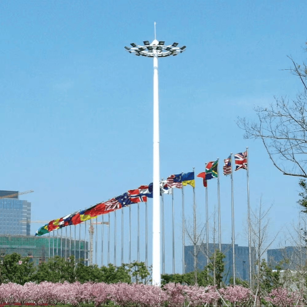High Brightness new design Q235/345 steel 30m high mast lighting pole with auto rasing and lower system in factory price