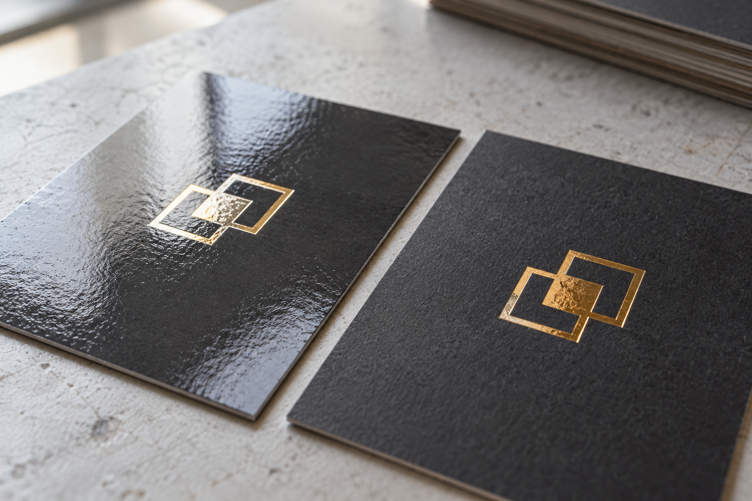 Illustrative comparison of glossy and matte paperboard swatches with gold foil
