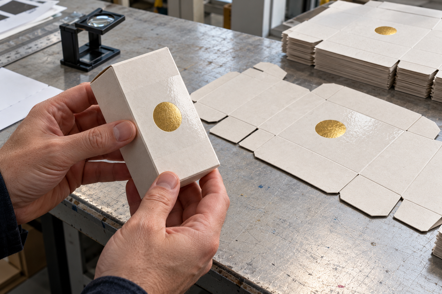 Illustrative finished carton and matching flat blank checked after gold foil stamping