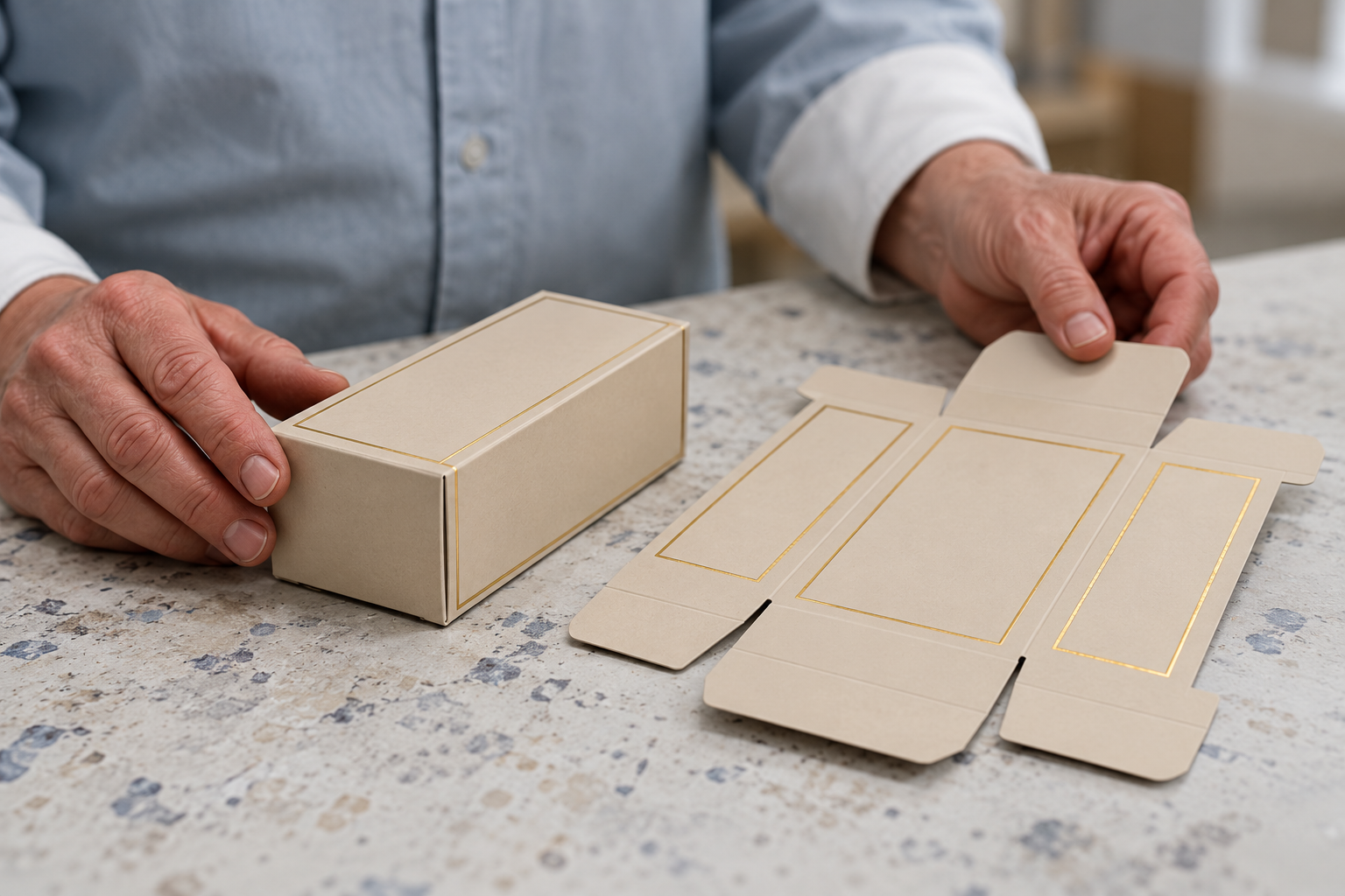 Finished folding-carton sample checked at the gold-foil crease