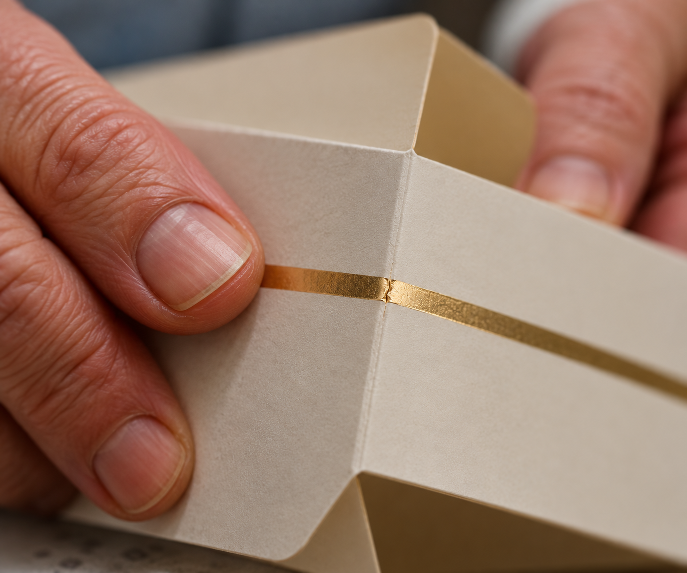 Close-up of gold hot stamping foil at a folding-carton crease