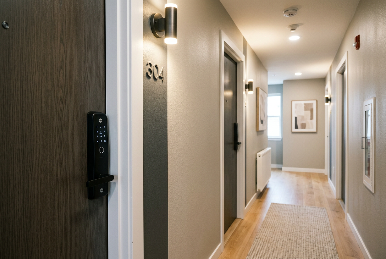 •see scene image: JLC2-lock-apartment-corridor-entry.png