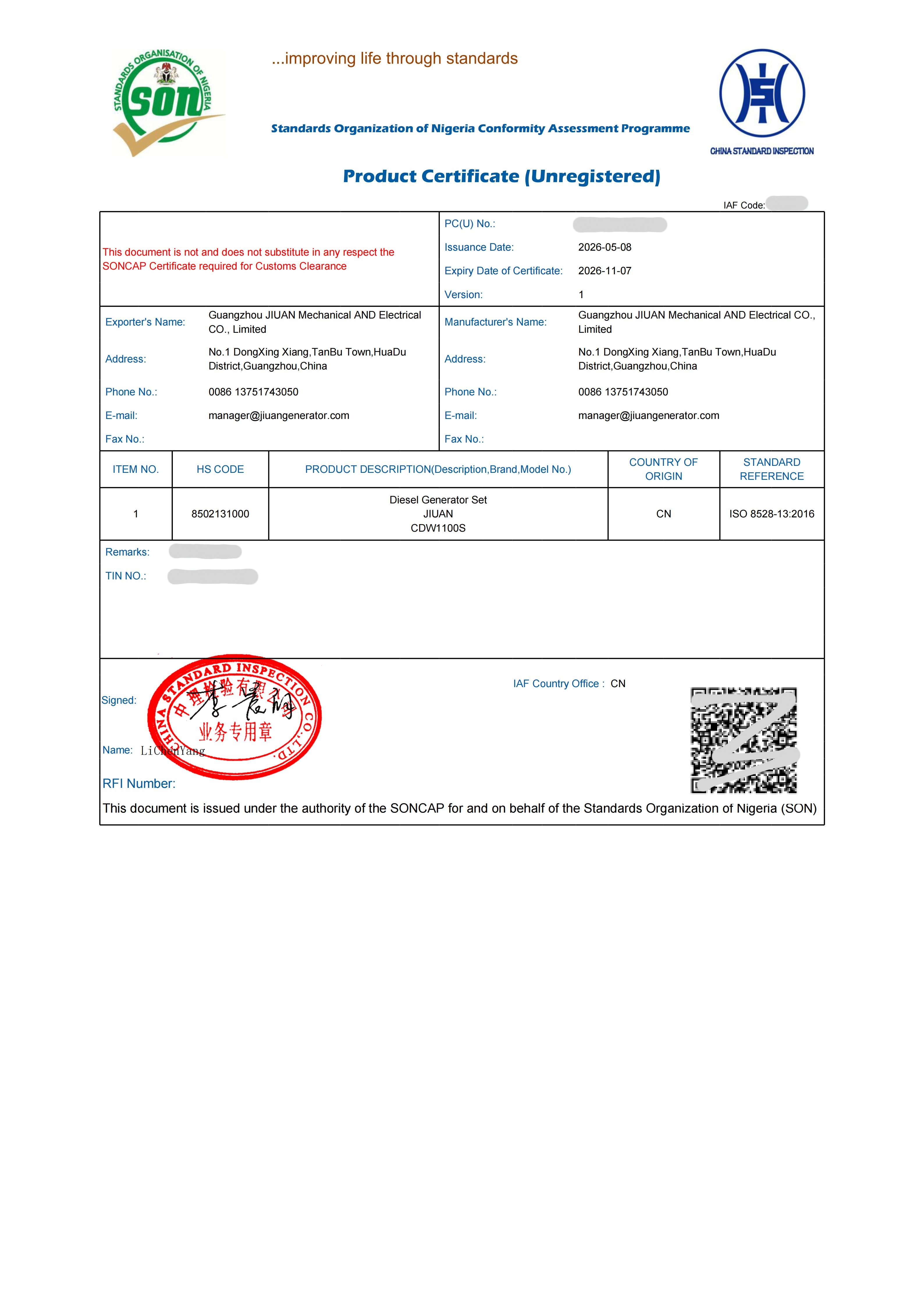 JIUAN SONCAP CERTIFICATE