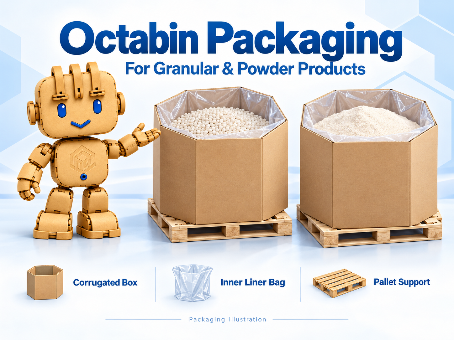 Octabin packaging illustration for granular and powder products with liner bags and pallet support