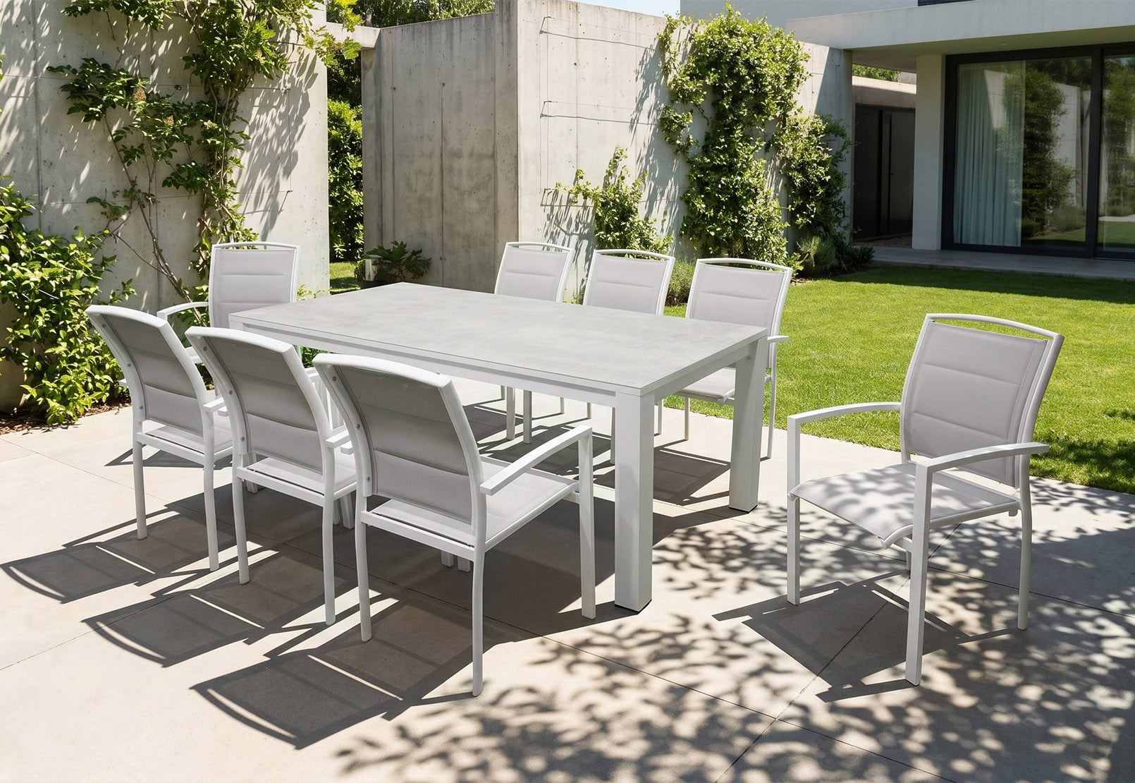 Modern 9-Piece Full Aluminum Padded Textilene Dining Set with 2m Ceramic Tempered Glass Table & 90mm Heavy-Duty Legs – Contemporary Luxury All-Weather Patio Dining Collection