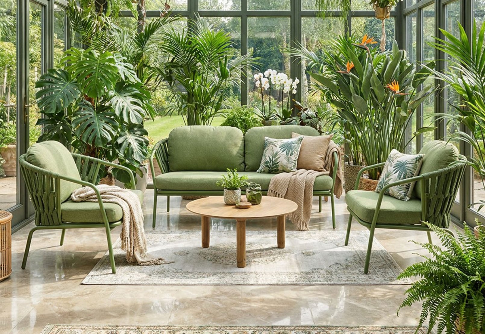 Modern Olive Green Steel Webbing Outdoor Sofa 4-Piece Set–Contemporary Naturalist All-Weather Patio Lounge Collection 