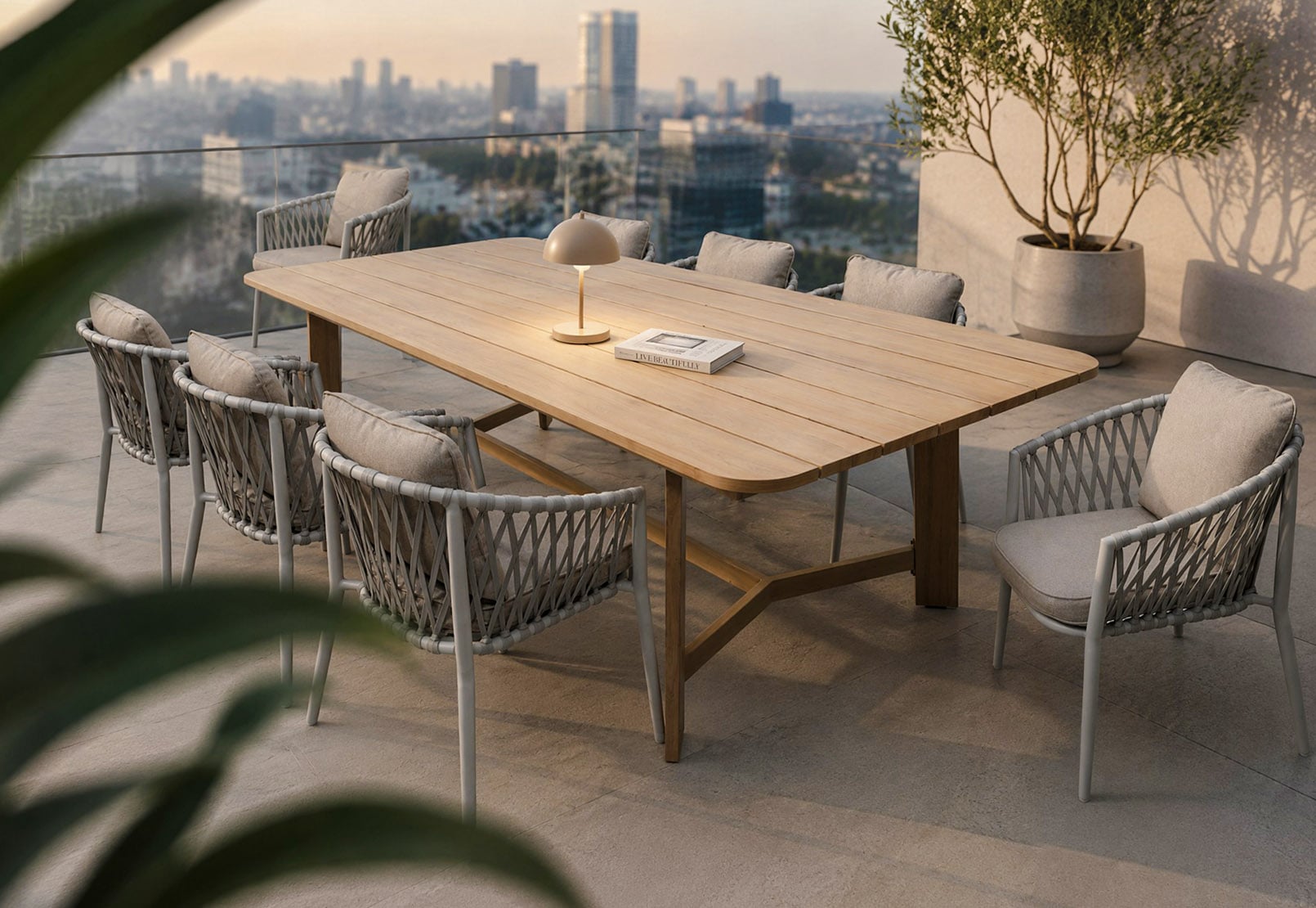 8-Seat Alu Rope Dining Set Wood-Look Table W240cm TA611112A