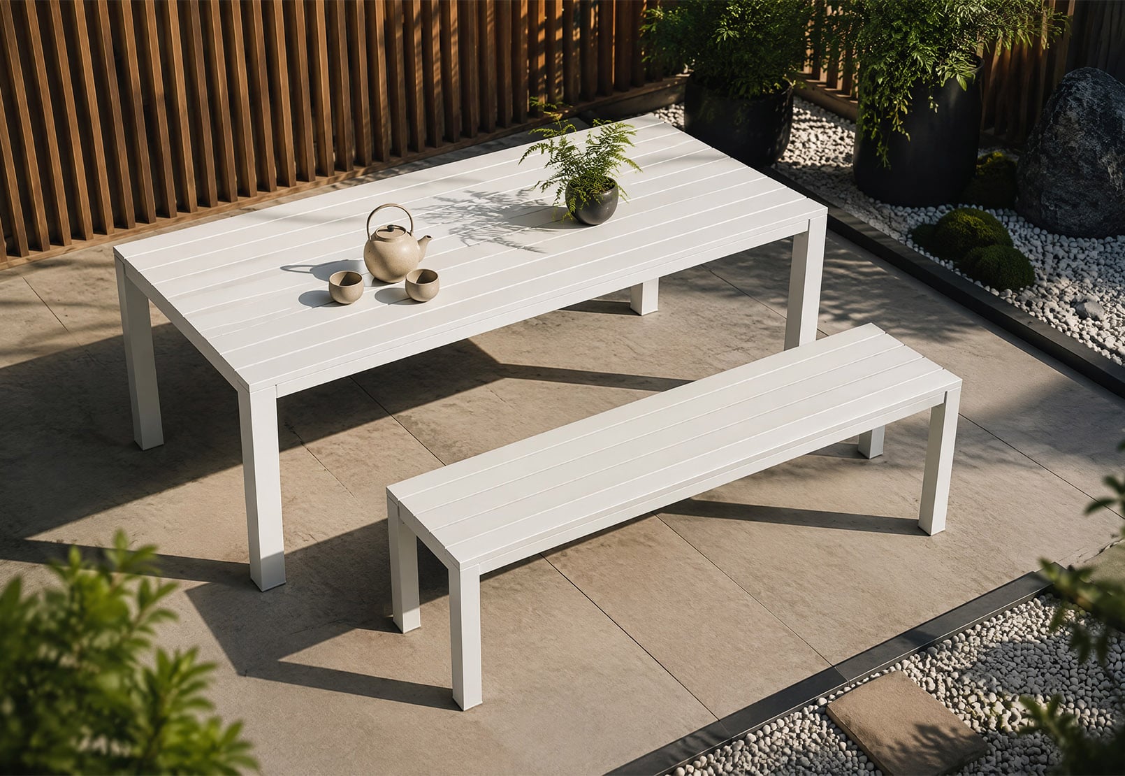 Modern Full Aluminum Minimalist Picnic-Style Dining Set with 1.8m Wide Slat Table & 1.55m Matching Benches – Contemporary Architectural All-Weather Patio Dining Collection  