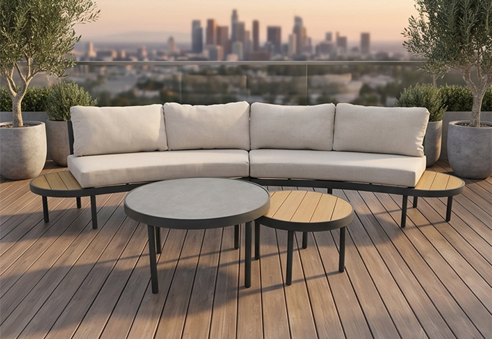 Modern Curved Aluminum Sectional Sofa Set with Integrated Polywood Side Tables & Nested Mixed-Material Coffee Tables – Contemporary Minimalist All-Weather Arc Patio Social Lounge Collection