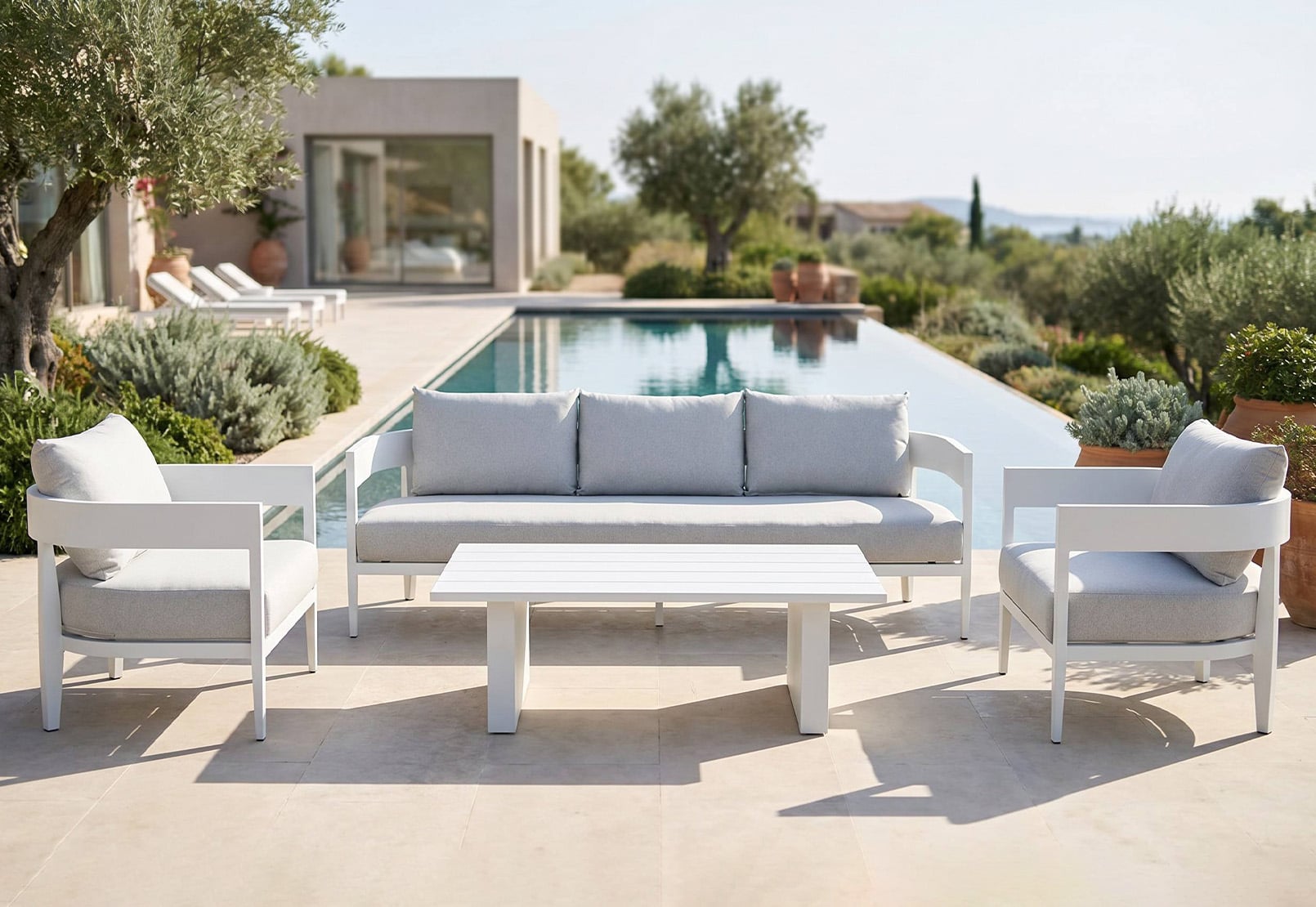 Modern Architectural Aluminum Outdoor Sofa Set with 125mm Extra-Wide Wrap-Around Backrest & Premium Olefin Cushions – Minimalist All-Weather Patio Lounge Collection