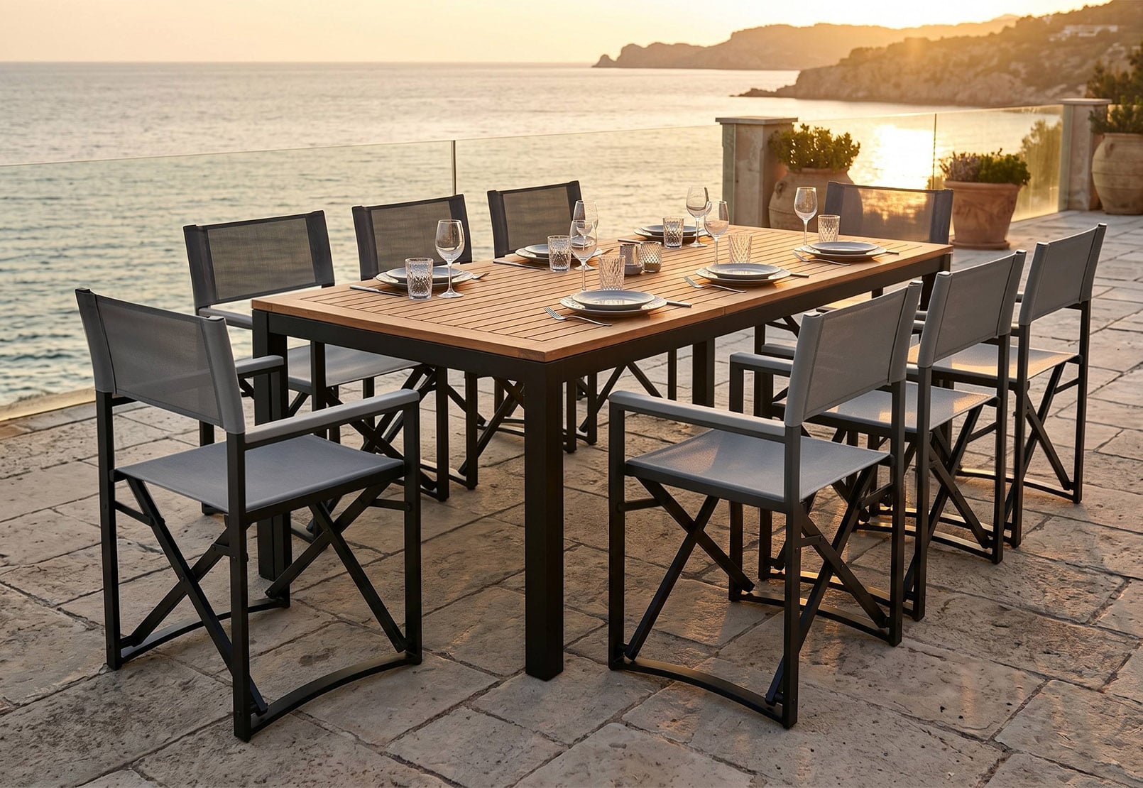 Modern Industrial Full Aluminum Foldable Director Chair with Polywood Armrests & 2x1 Breathable Textilene – All-Weather Portable Premium Patio Dining Chair 