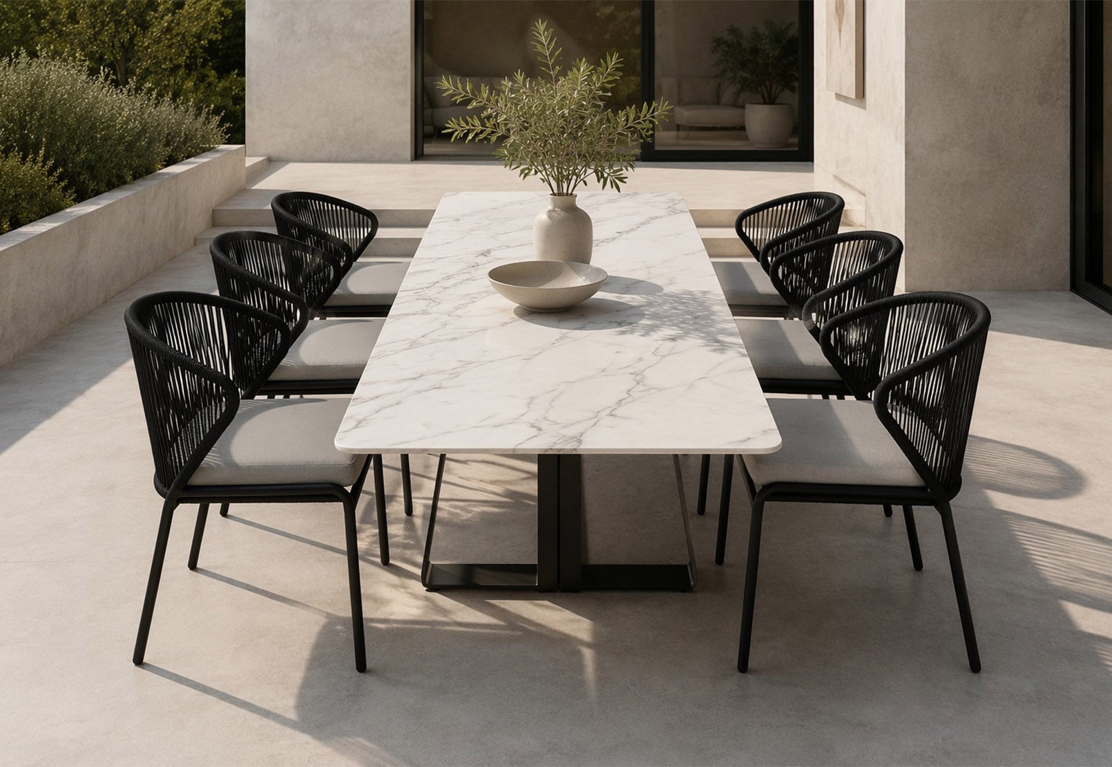Modern All-Weather Hand-Woven Rope Outdoor Dining Armchair with Φ6mm Luxury Olefin Rope & High-Resilience Cushion – Contemporary Minimalist Patio Lounge Designer Chair 