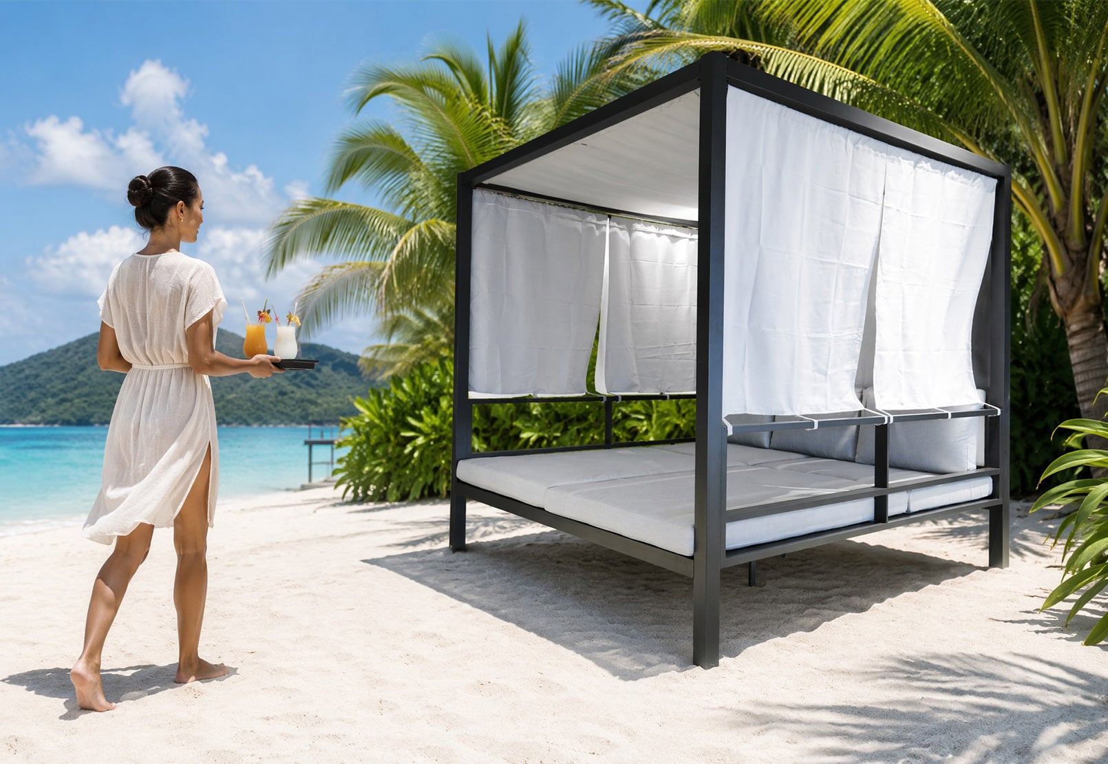 Modern Luxury Full Aluminum Double Outdoor Daybed with 5-Position Adjustable Backrest & Privacy Curtains – Contemporary Resort-Style All-Weather Patio Cabana Lounger  