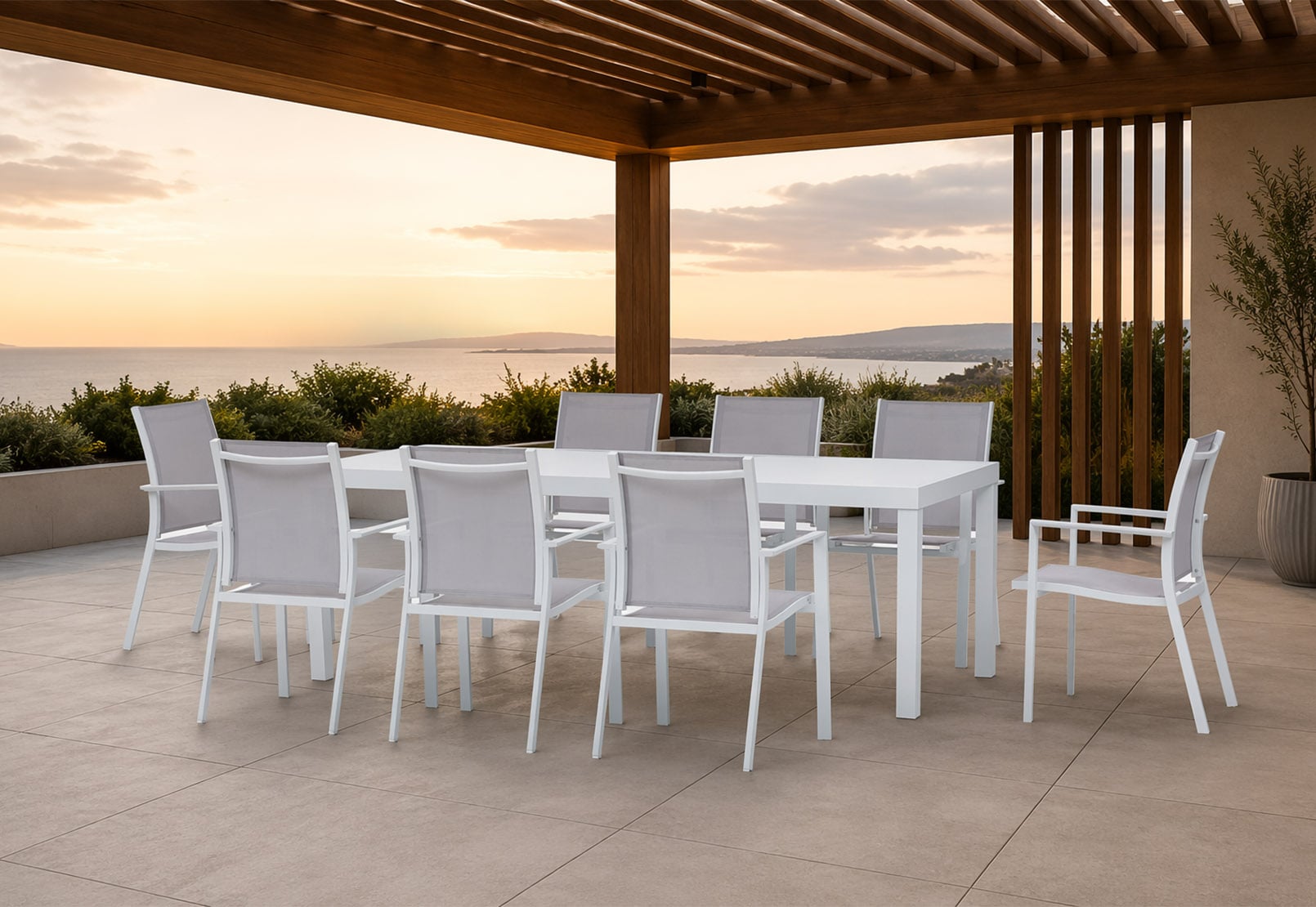 Modern 9-Piece Aluminum Outdoor Dining Set with 2.17m Large Table & Breathable Textilene Armchairs – Minimalist All-Weather Patio Dining Collection