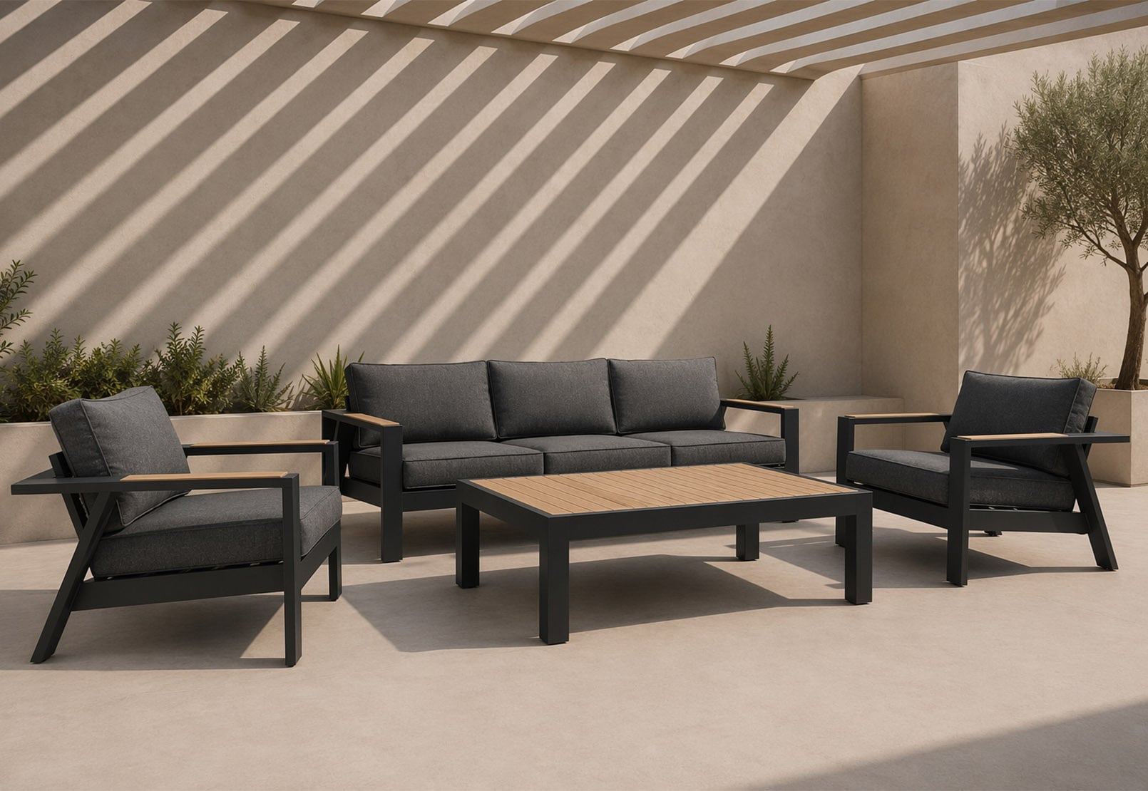 Modern Industrial Aluminum Outdoor Sofa Set with Wood-Grain Heat Transfer Armrests– Contemporary Minimalist Deep Seating 4-Piece Patio Lounge Collection