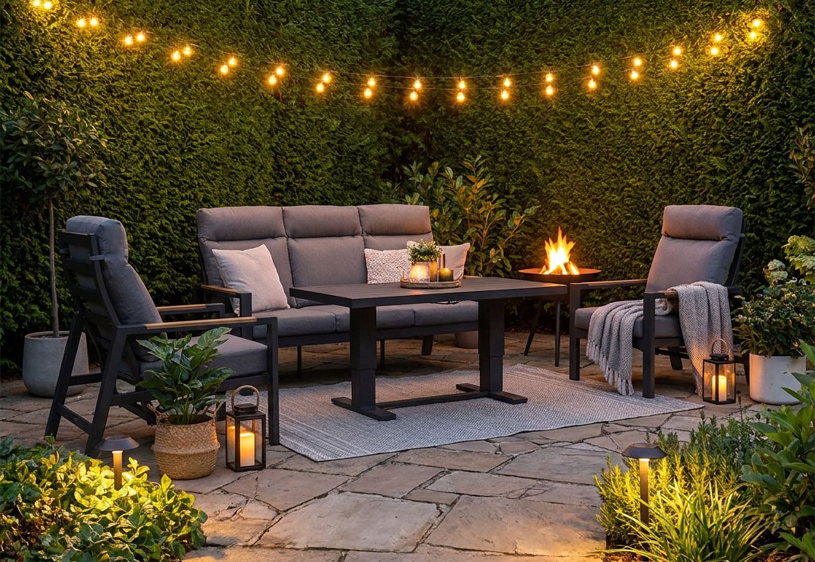 Modern Functional Aluminum Reclining Outdoor Sofa Set with Height-Adjustable Lifting Table & Wood-Grain Armrests – Ultimate Versatile All-Weather Patio Lounge & Dining Collection