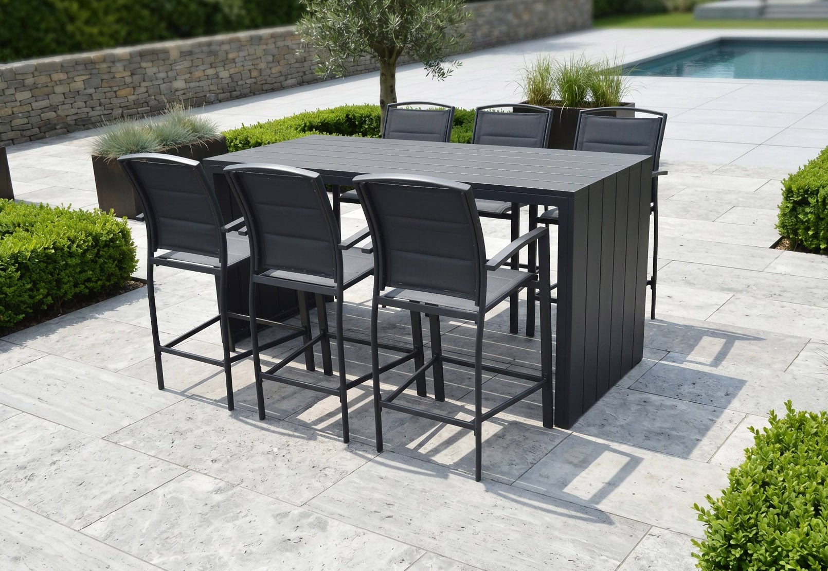 Modern 7-Piece Full Aluminum Padded Textilene Outdoor Bar Set with 2m Heavy-Duty Bar Table & Premium Armrest Bar Chairs – All-Weather Patio Bar Social Lounge Collection  