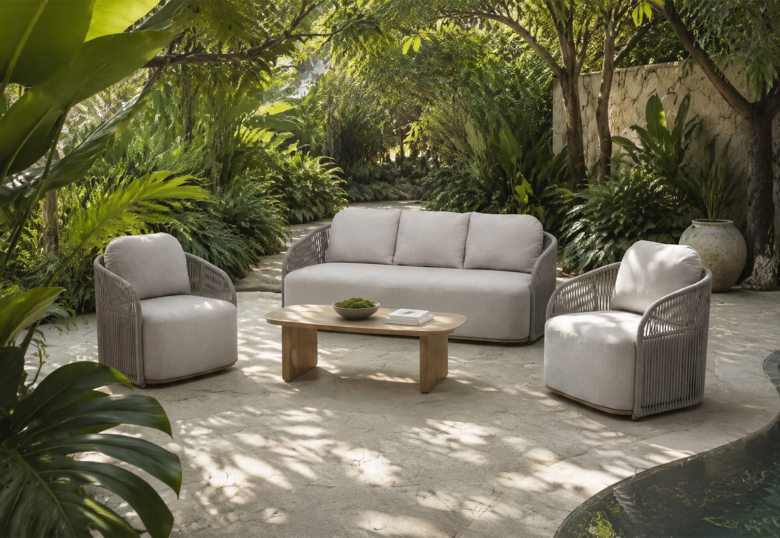 Modern Hand-Woven Rope Aluminum Outdoor Sofa 4-Piece Set – Contemporary Luxury All-Weather Patio Lounge Collection