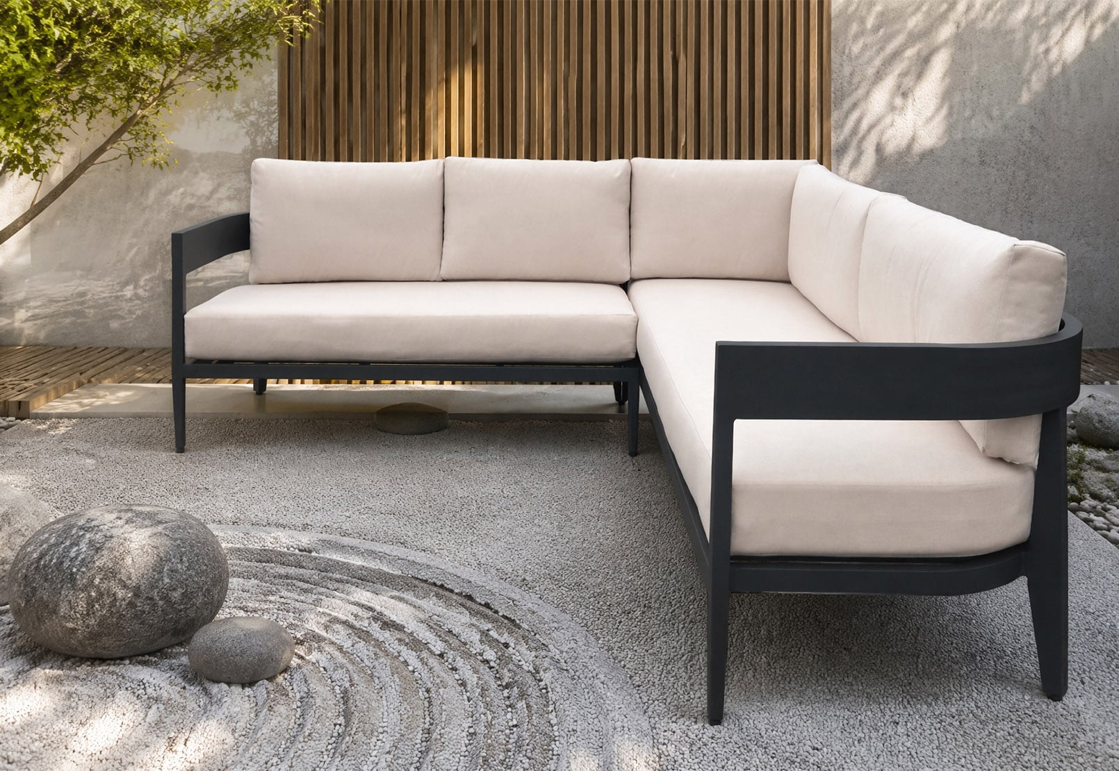 Modern L-Shaped Aluminum Outdoor Sectional Sofa Set with 125mm Architectural Wide Backrest & Premium Olefin Cushions – Minimalist All-Weather Patio Social Lounge Collection 