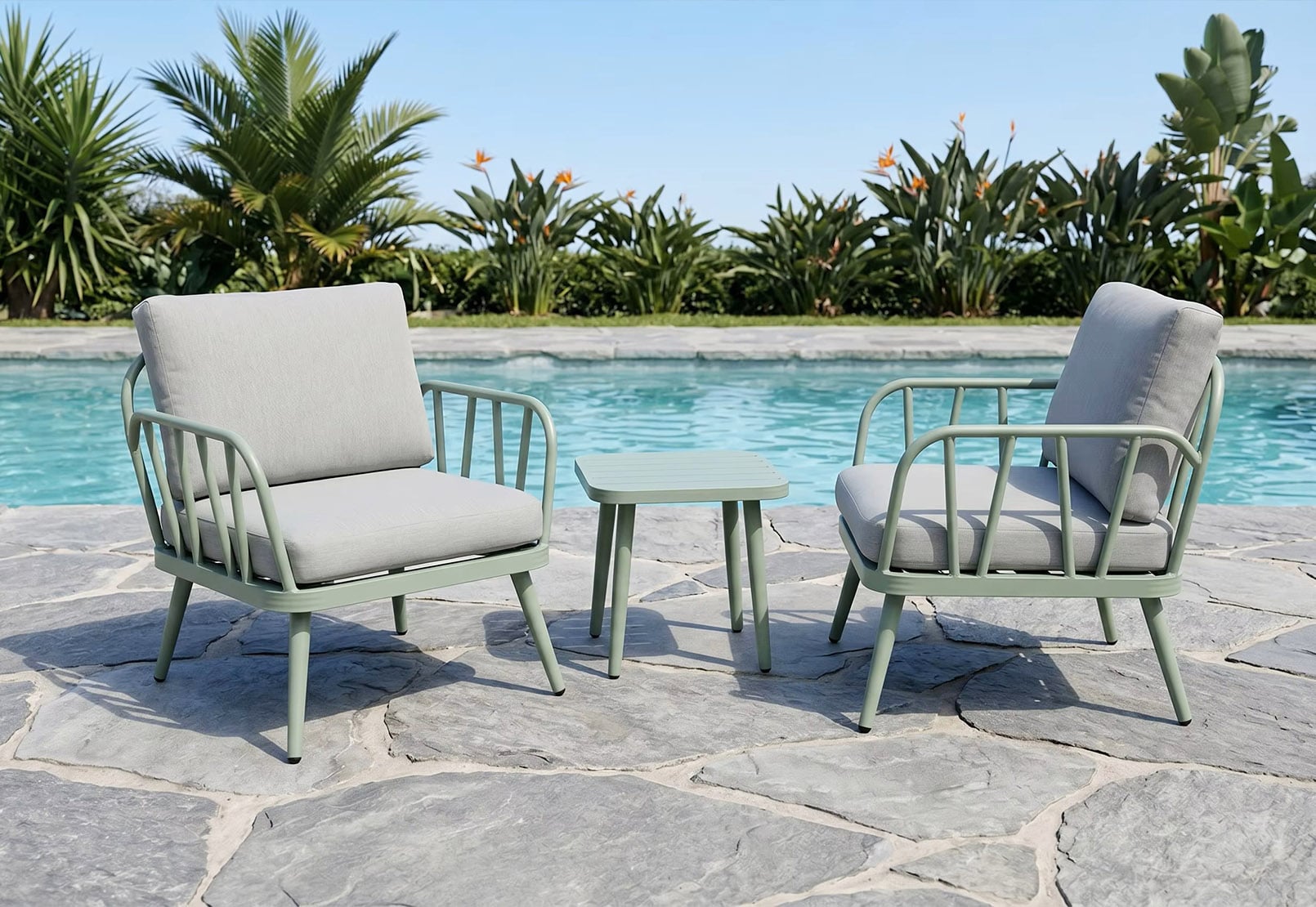 Modern Minimalist 3-Piece Full Aluminum Outdoor Conversation Set with Slat-Back Armchairs & Compact Square Table – Sage Green All-Weather Balcony Lounge Collection