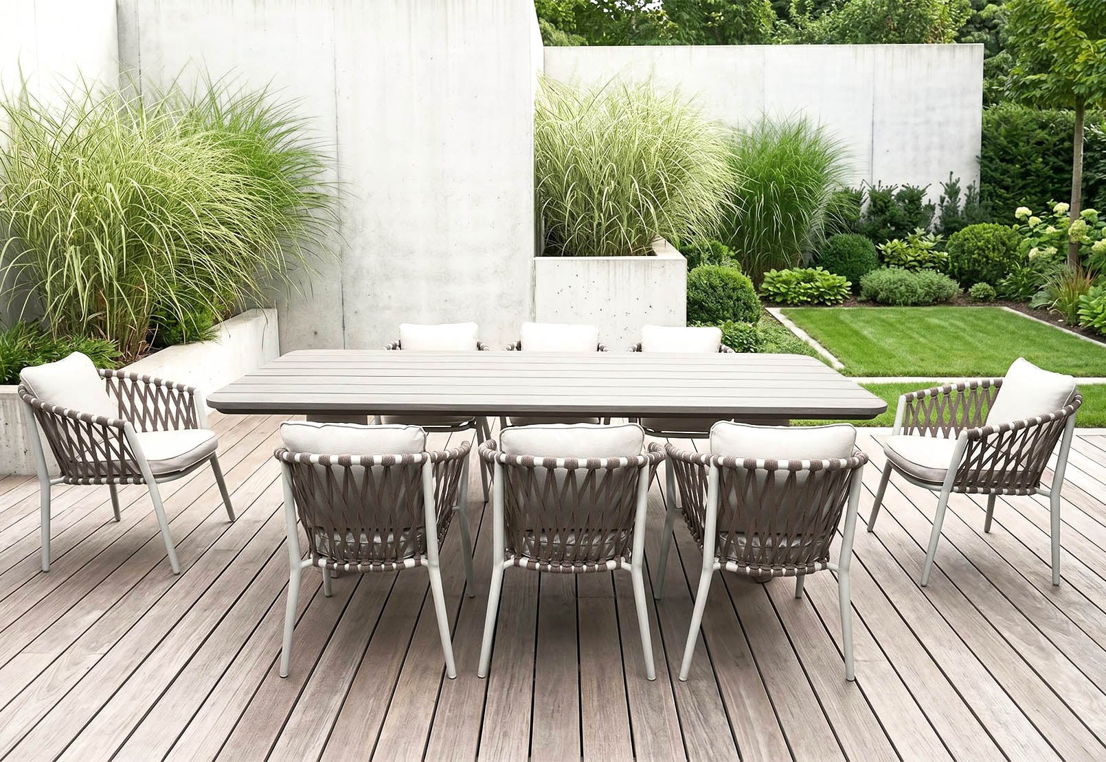 Modern 9-Piece Full Aluminum Hand-Woven Rope Dining Set with 2.4m Wood-Grain Heat Transfer Table & Luxury Olefin Woven Chairs – Contemporary Naturalist All-Weather Patio Dining Collection 