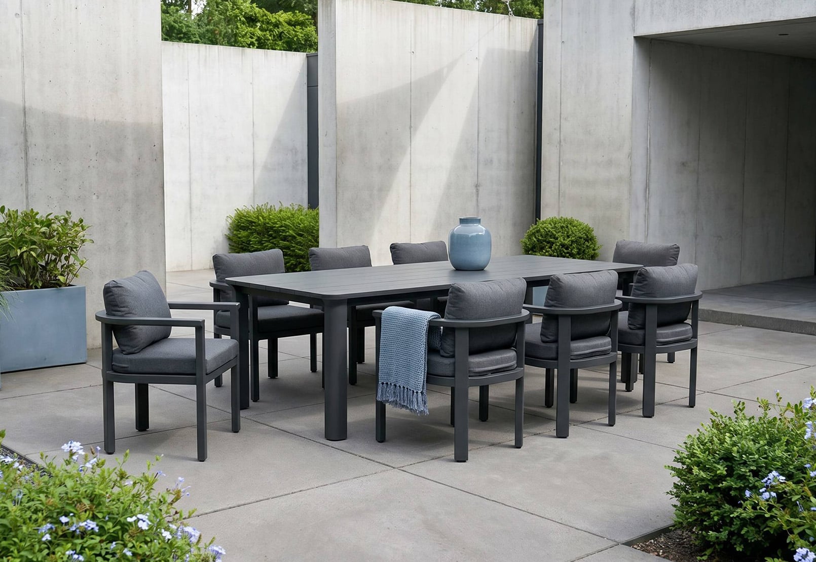 Modern 9-Piece Full Aluminum Large Outdoor Dining Set with 2.4m Oversized Table & Wrap-around Armchairs – Contemporary Minimalist Luxury Patio Entertainment Collection