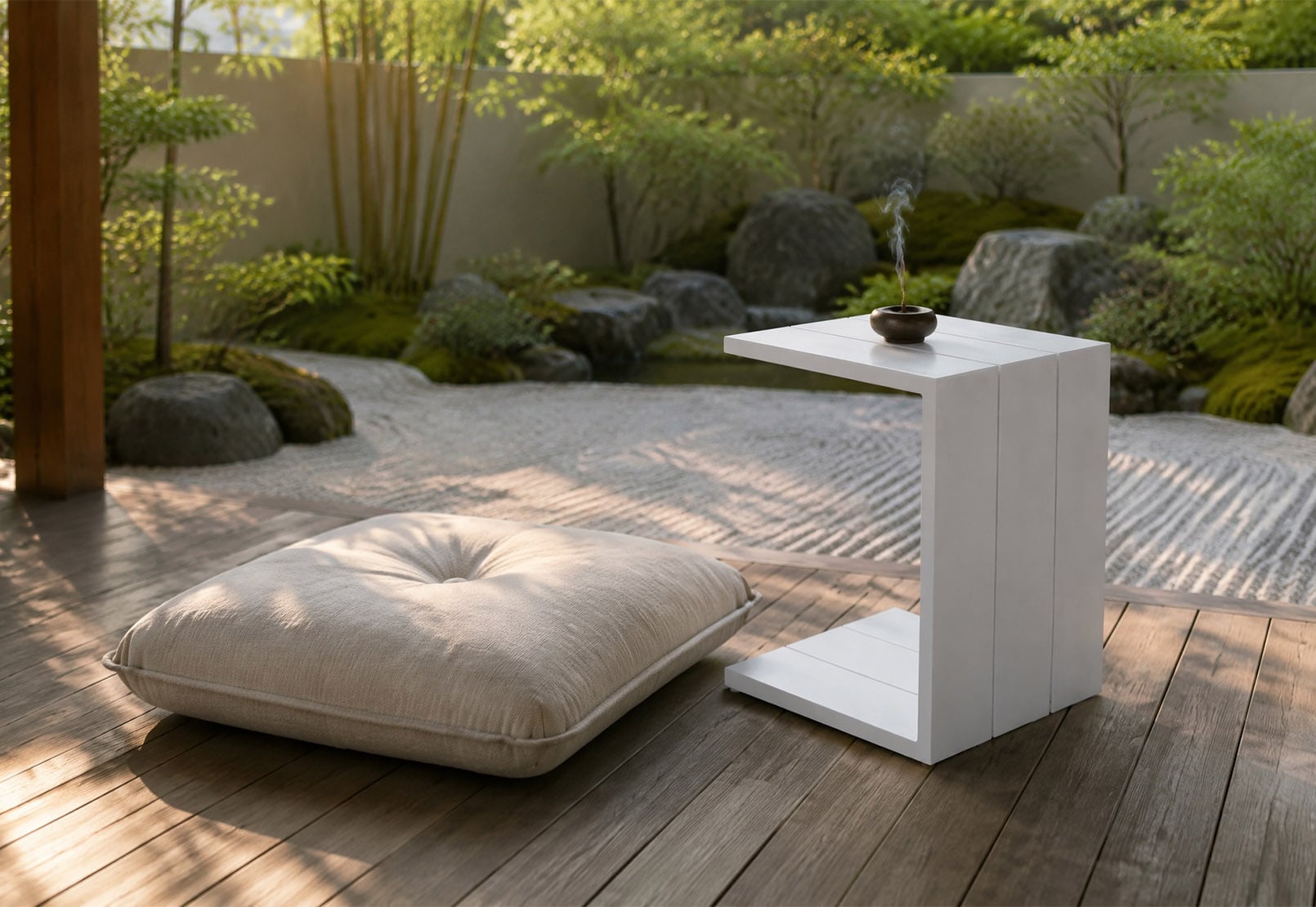 Modern Full Aluminum Integrated C-Shaped Wood-Grain Side Table with Heat Transfer Technology & 140mm Extra-Wide Slats – All-Weather Patio Sofa Companion & Natural-Style Space-Saving Coffee Table