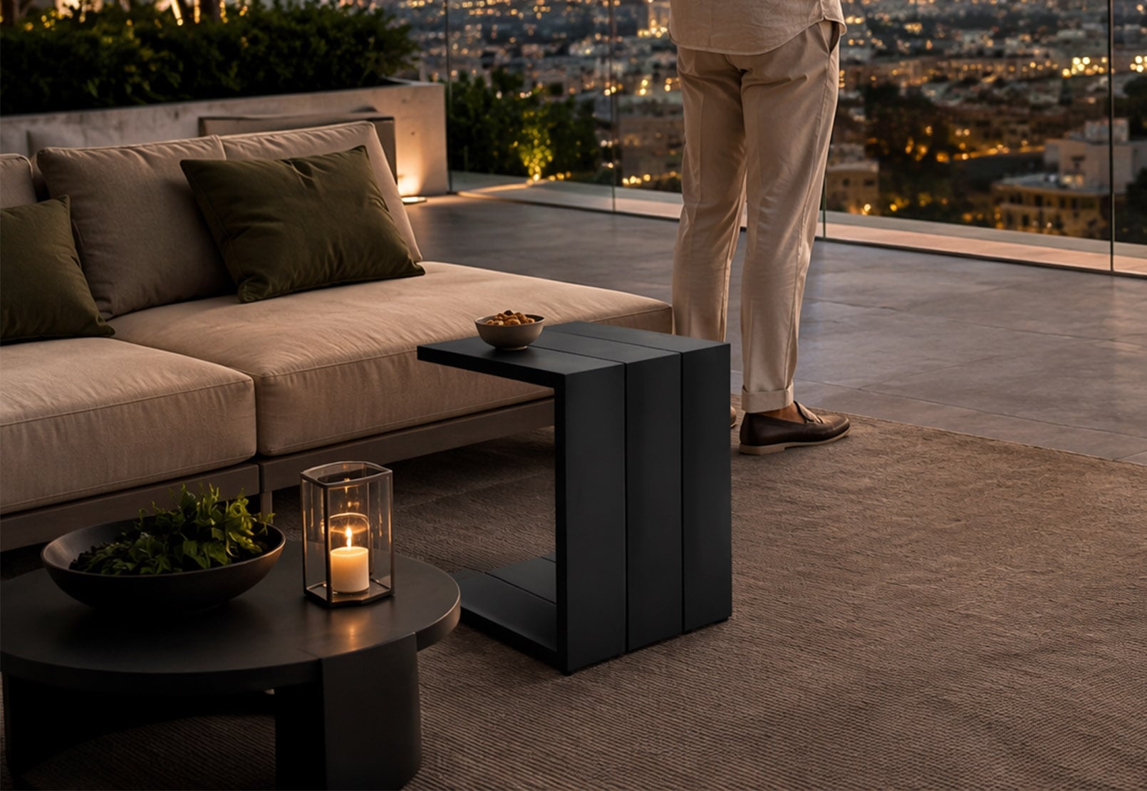 Modern Full Aluminum Integrated C-Shaped Outdoor Side Table with 140mm Extra-Wide Slats & Multi-Color Options – All-Weather Patio Sofa Companion & Space-Saving Coffee Table