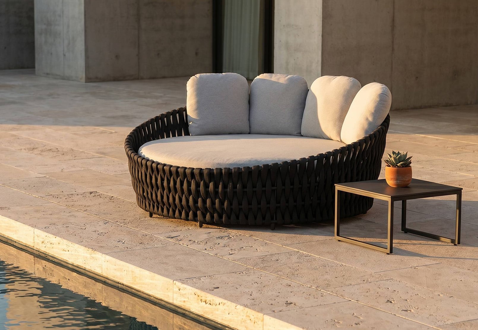 Modern Full Aluminum Hand-Woven Padded Webbing Round Daybed with 12cm Luxury Thick Cushion – Contemporary Luxury All-Weather Patio Sun Island Lounger 
