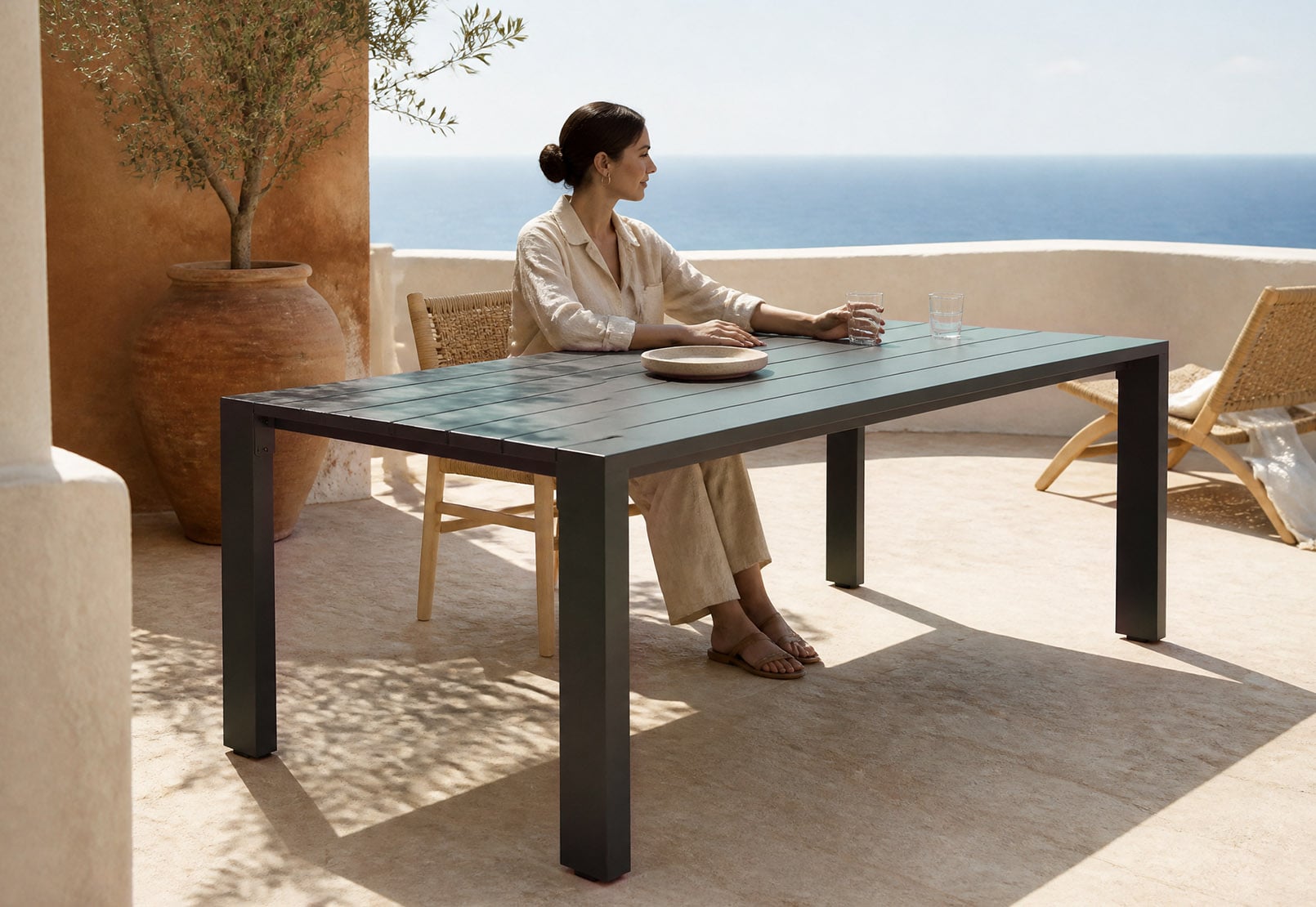 Modern Minimalist 2.4m Extra-Wide Aluminum Outdoor Dining Table with Unified 100mm Profile Slat Top & Waterfall-Style Legs – All-Weather Patio Executive Banqueting Centerpiece