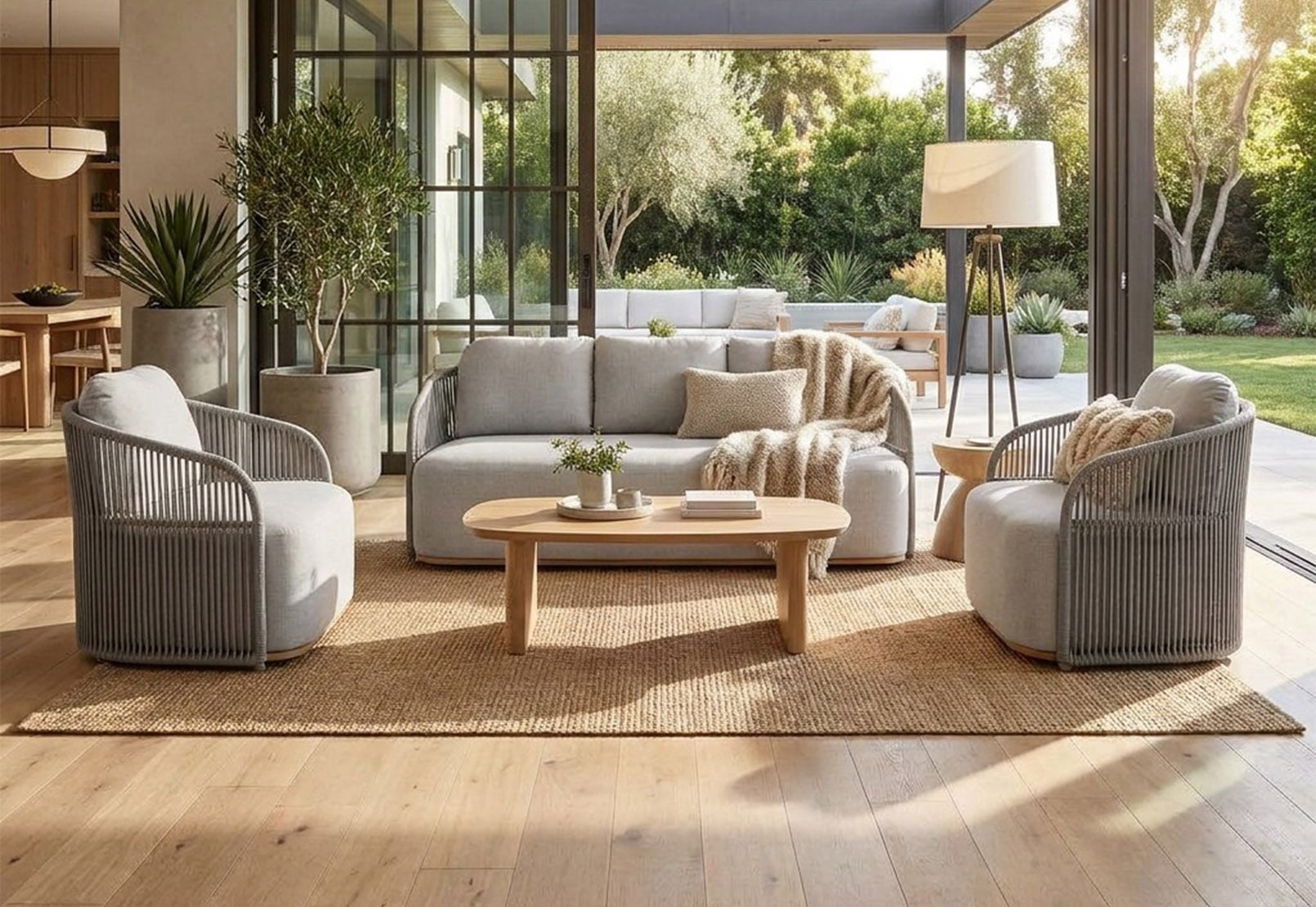 Modern Hand-Woven Rope Aluminum Outdoor Sofa 4-Piece Set – Contemporary Luxury All-Weather Patio Lounge Collection