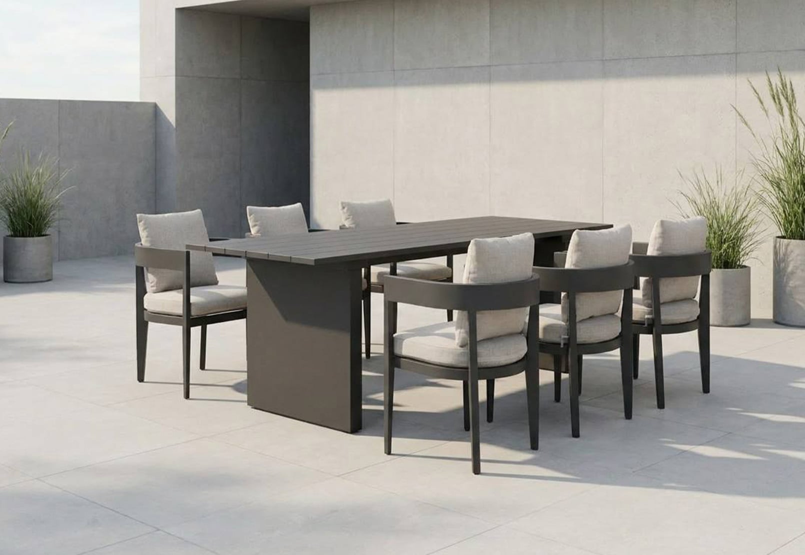 Modern Minimalist 7-Piece Full Aluminum Outdoor Dining Set with 100mm Wide Backrest & 2.1m Oversized Dining Table – All-Weather Luxury Patio Entertainment Suite \n