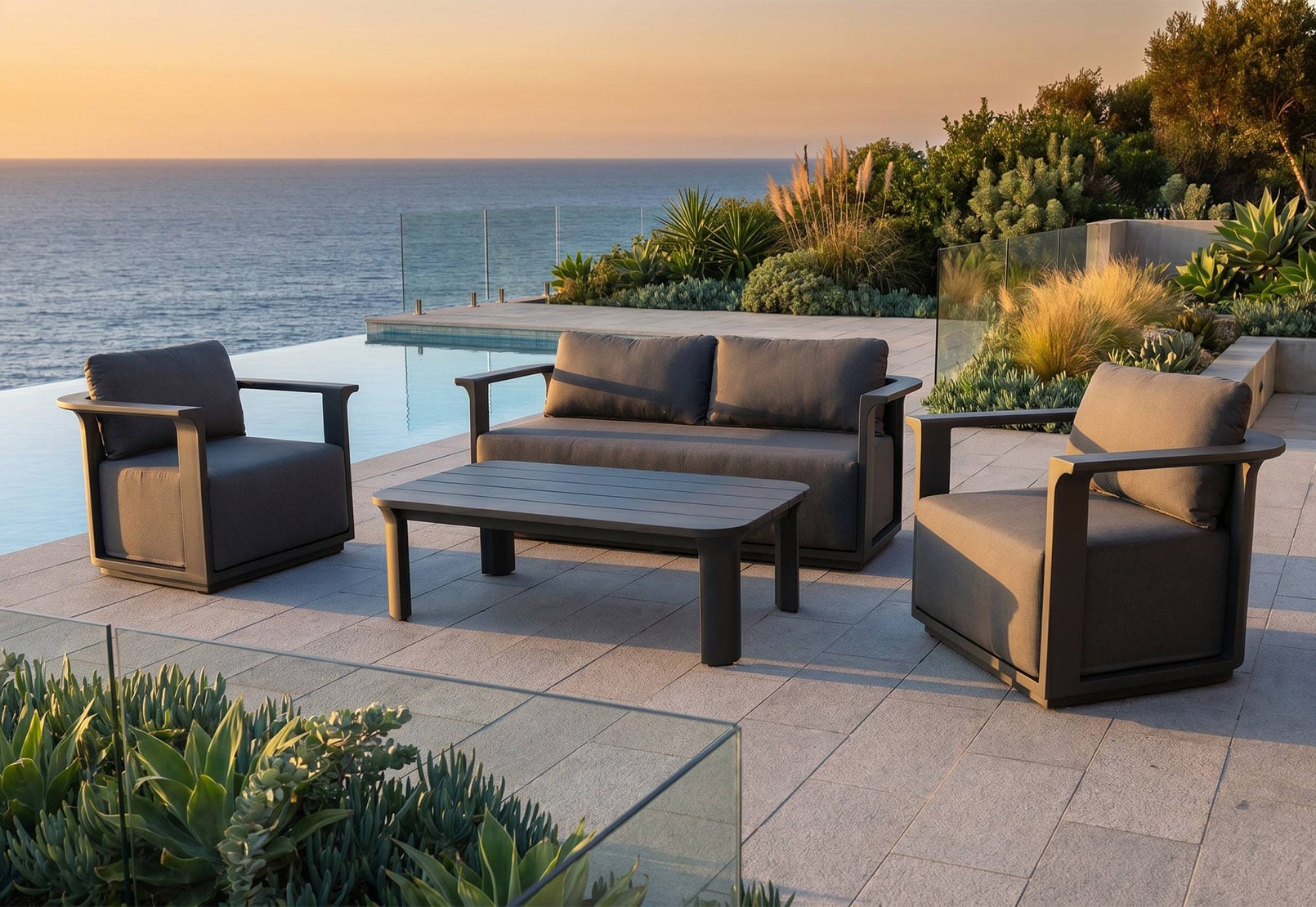  Modern 4-Piece Full Aluminum Outdoor Sofa Set with Thick Cushions & Wide Coffee Table–Contemporary Minimalist Deep Seating Patio Lounge Collection