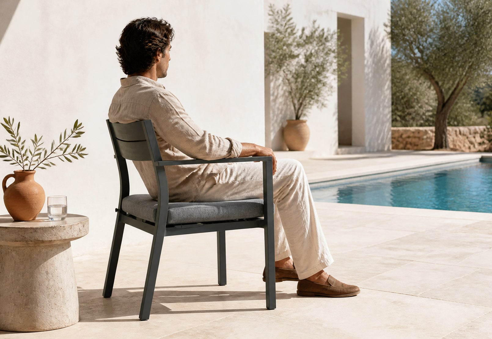 Modern Minimalist Full Aluminum Outdoor Dining Armchair with Slat Backrest & 270g High-Density Double Luxury Cushions – All-Weather Patio Dining Lounge Chair 