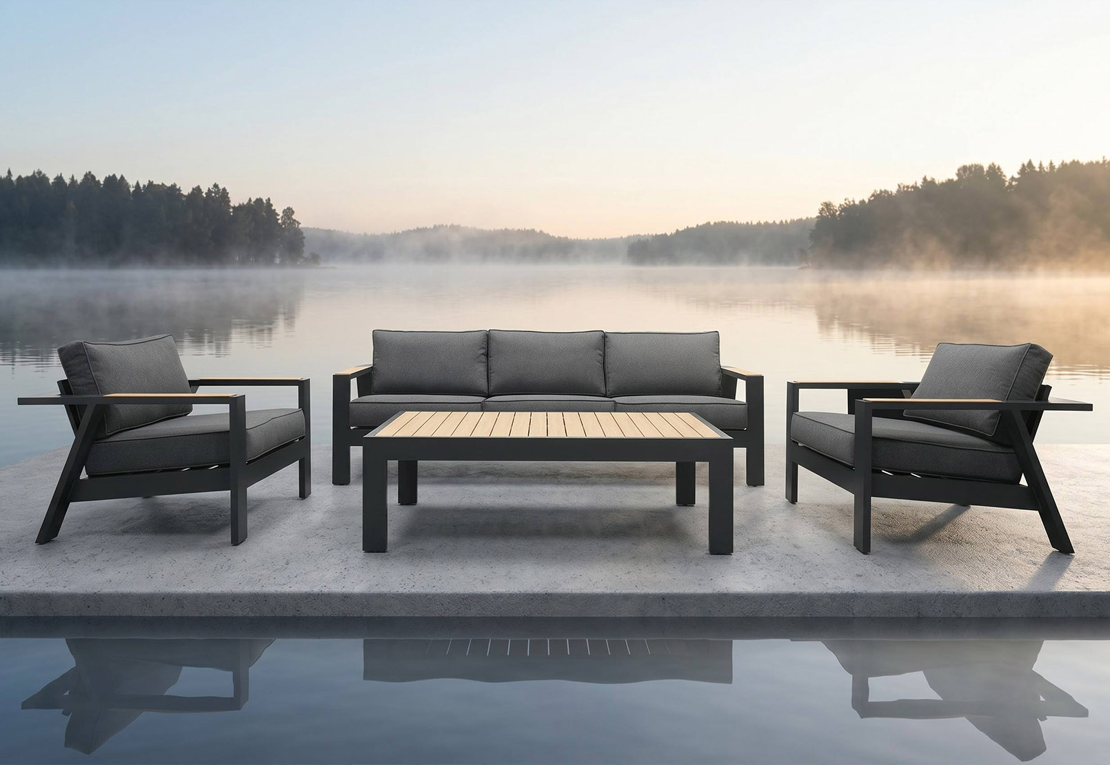 Modern Industrial Aluminum Outdoor Sofa Set with Wood-Grain Heat Transfer Armrests– Contemporary Minimalist Deep Seating 4-Piece Patio Lounge Collection