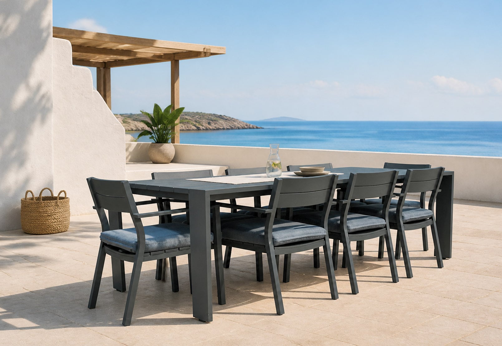 Modern 7-Piece Full Aluminum Minimalist Outdoor Dining Set with 100mm Unified Profile Slats & Waterfall-Style Table – All-Weather Patio Executive Lounge Dining Collection