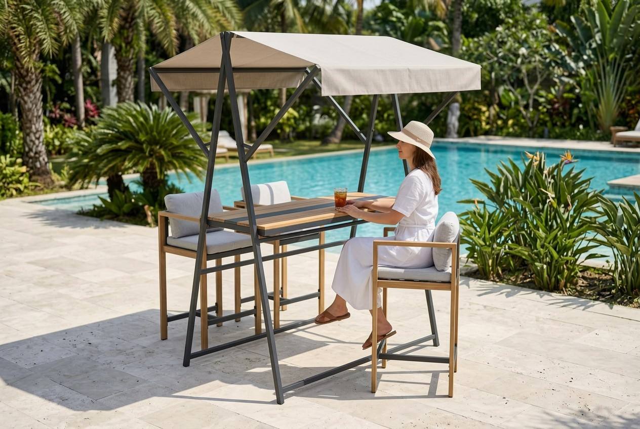 Modern All-Weather Steel Foldable Outdoor Bar Set with Canopy Roof & Wood-Grain Olefin Bar Chairs – Minimalist Portable Garden Bar Collection