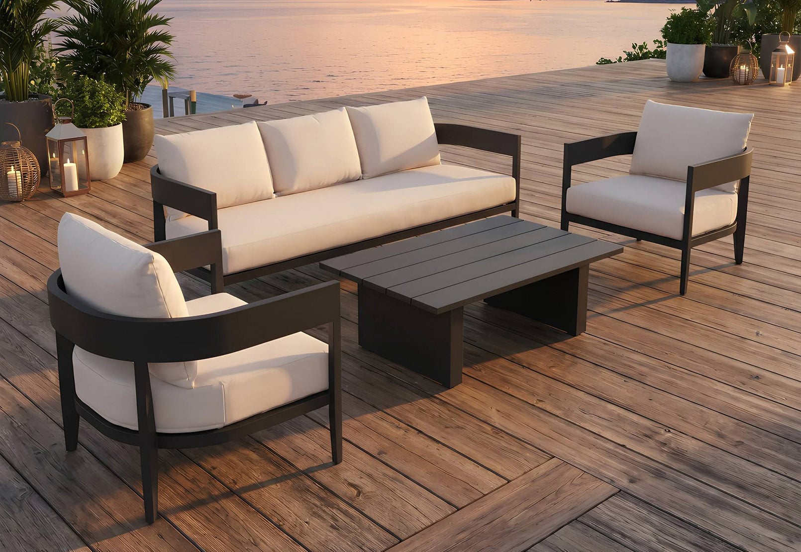 Modern High-Contrast Black & Beige Aluminum Outdoor Sofa Set with 125mm Architectural Wide Backrest & Premium Olefin Cushions – Minimalist All-Weather Deep Seating Patio Lounge Collection 