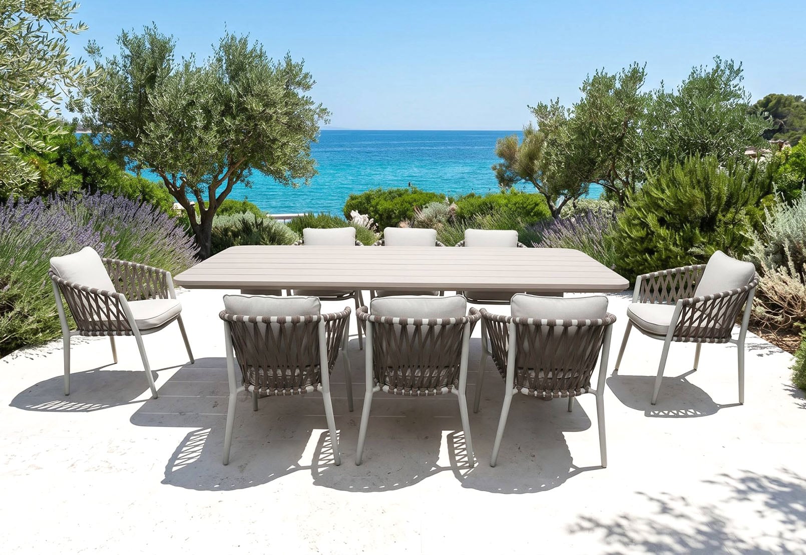 Modern 9-Piece Full Aluminum Hand-Woven Rope Dining Set with 2.4m Wood-Grain Heat Transfer Table & Luxury Olefin Woven Chairs – Contemporary Naturalist All-Weather Patio Dining Collection