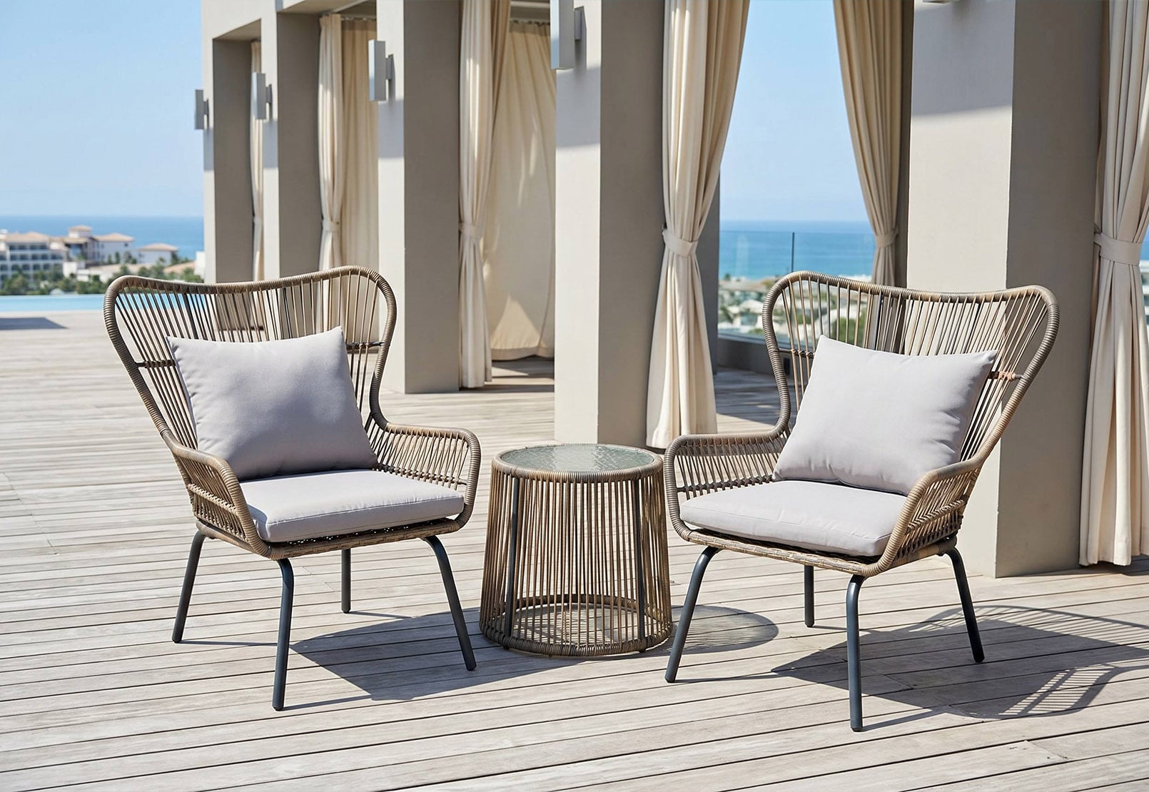 Modern Boho-Chic 3-Piece Hand-Woven PE Rattan Bistro Set with High-Back Wing Chairs & Water-Patterned Glass Table – All-Weather Patio Lounge Conversation Collection