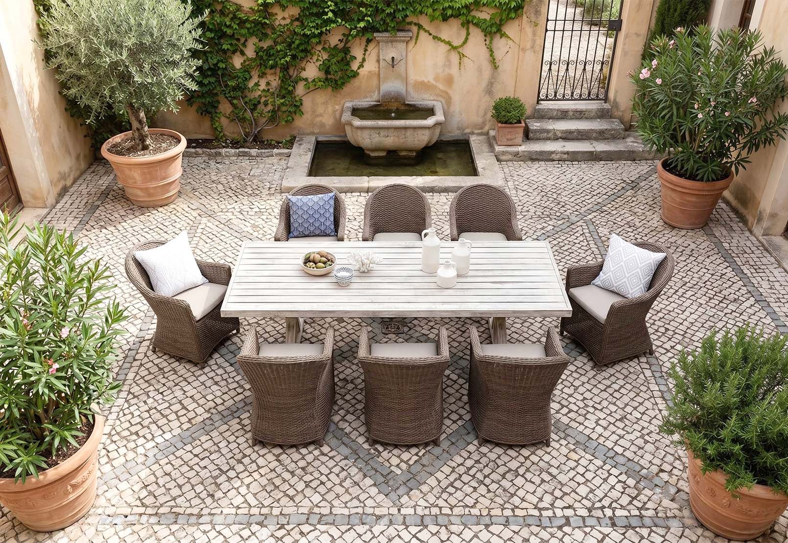 Modern Coastal 9-Piece Hand-Woven PE Rattan Dining Set with 2.6m Oversized Weathered Wood-look Aluminum Table – Luxury Estate-Grade Patio Dining Collection