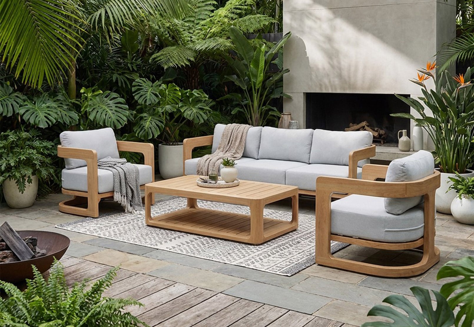 Modern Wood-Grain Aluminum Outdoor Sofa 4-Piece Set–Contemporary Naturalist All-Weather Patio Lounge Collection