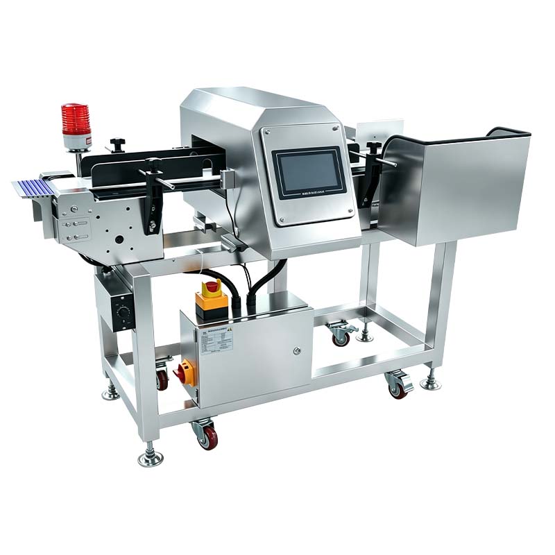 conveyor metal detector with touchscreen head, tower alarm light and stainless collection tray